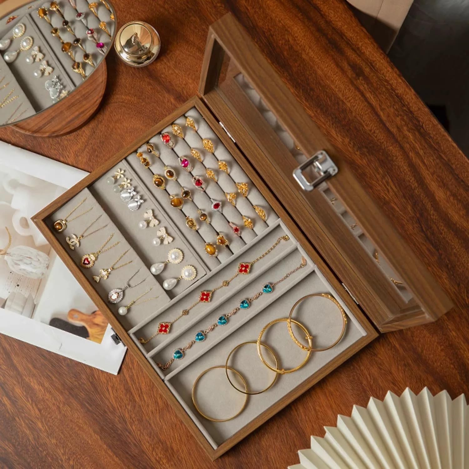 Jewelry Box Organizer for Women, Wooden Jewelry Box Vintage Jewelry Organizer for Earrings Necklace Rings Bracelets Storage, Christmas Birthday Gifts for Women Mom