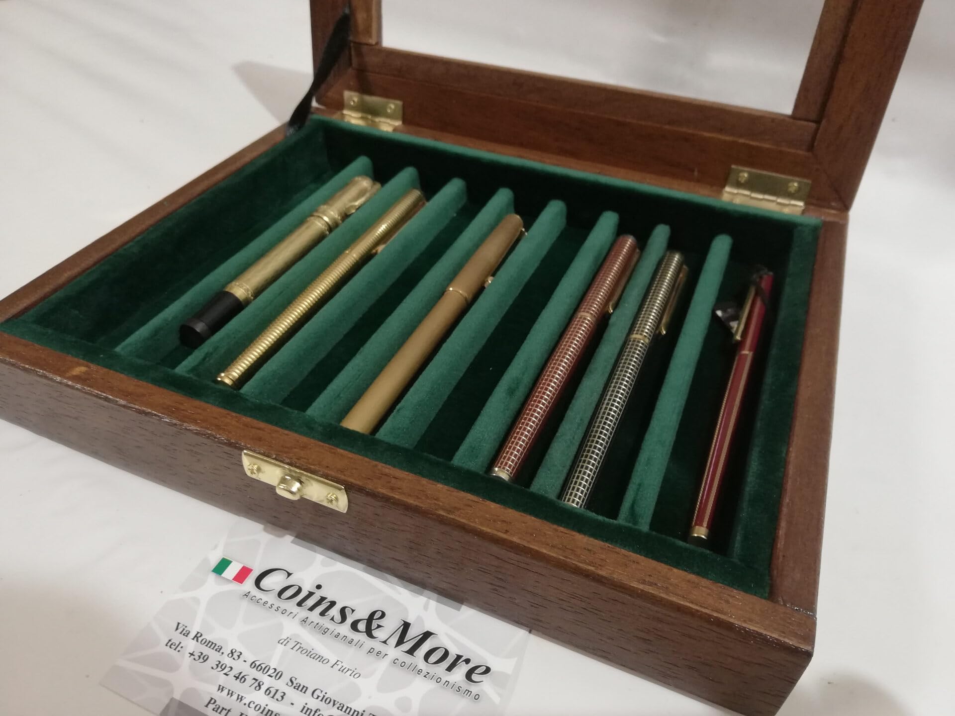 Vetrina Espositore in Legno per Penne Stilografiche con Interno in Velluto, Cofanetto Porta Penne da Collezione per 9 Stilografiche, Artigianale Made in Italy