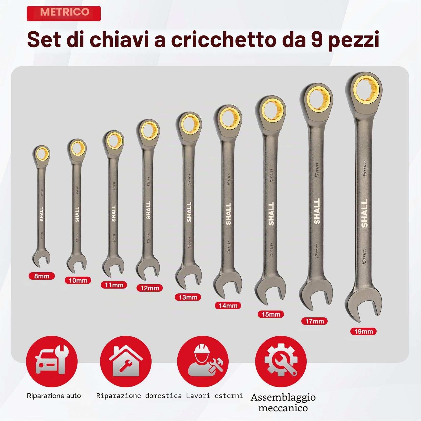 Shall Set di chiavi a cricchetto da 9 pezzi da 8-19 mm (8, 10, 11, 12, 13, 14, 15, 17, 19 mm), chiavi combinate a 72 denti, acciaio al cromo vanadio con finitura antiruggine e custodia per