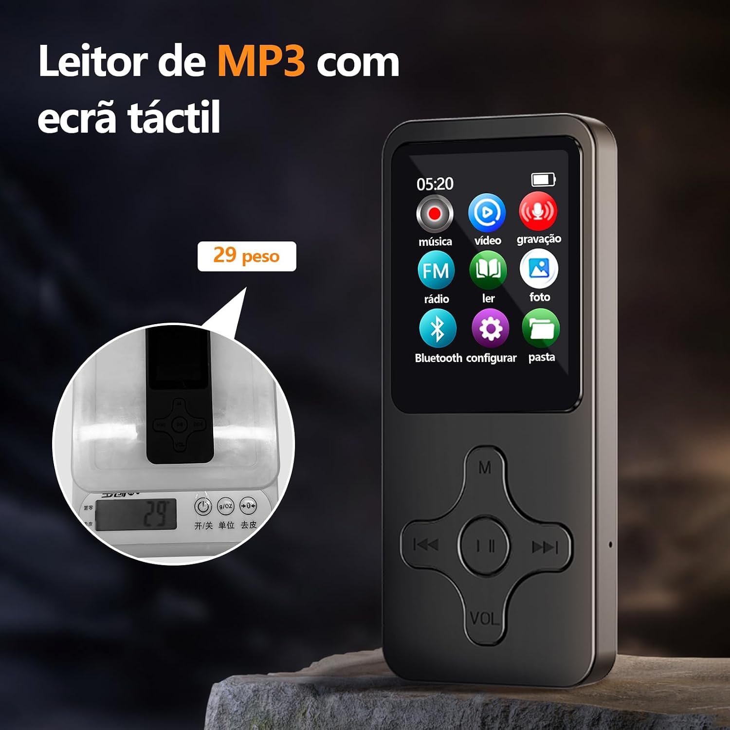 MP3 MP4 Player on a scale showing its light weight of 29 grams