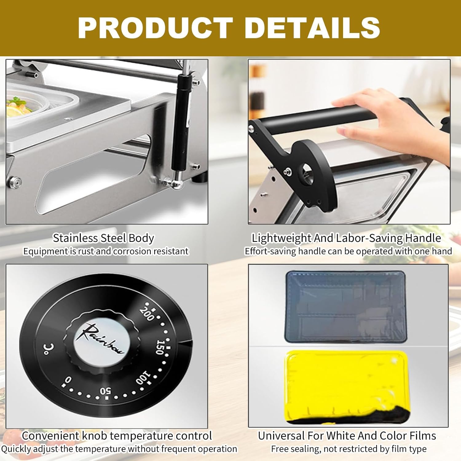 KEhtu Selladora Manual De Alimentos, Máquina De Sellado De Acero Inoxidable para Envasado Comercial, Estructura Estable, Sellado Firme, Ideal para Bandejas. Traysize14x14cm