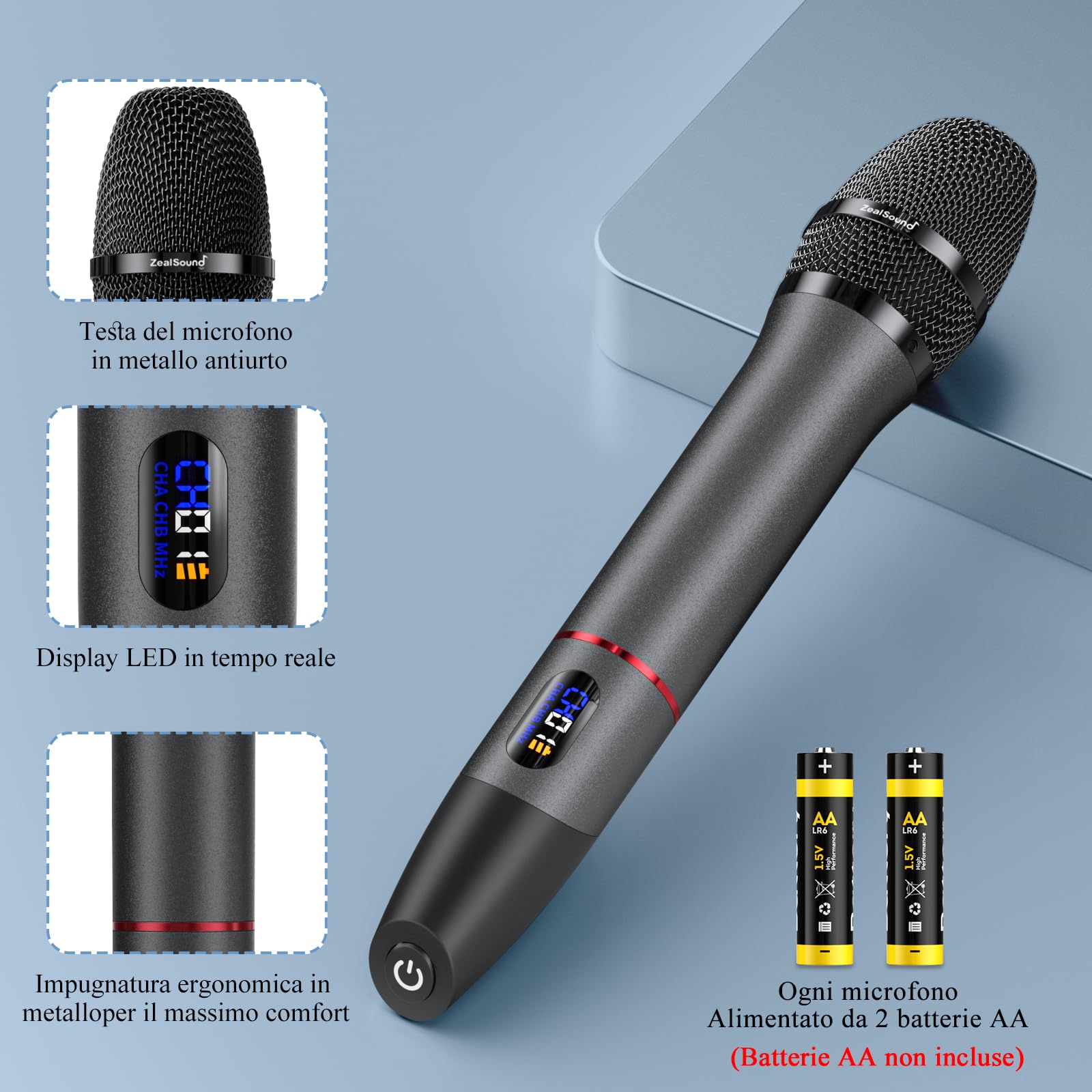 zealsound Microfono wireless, microfono dinamico, 2 microfoni portatili con scansione automatica della frequenza
