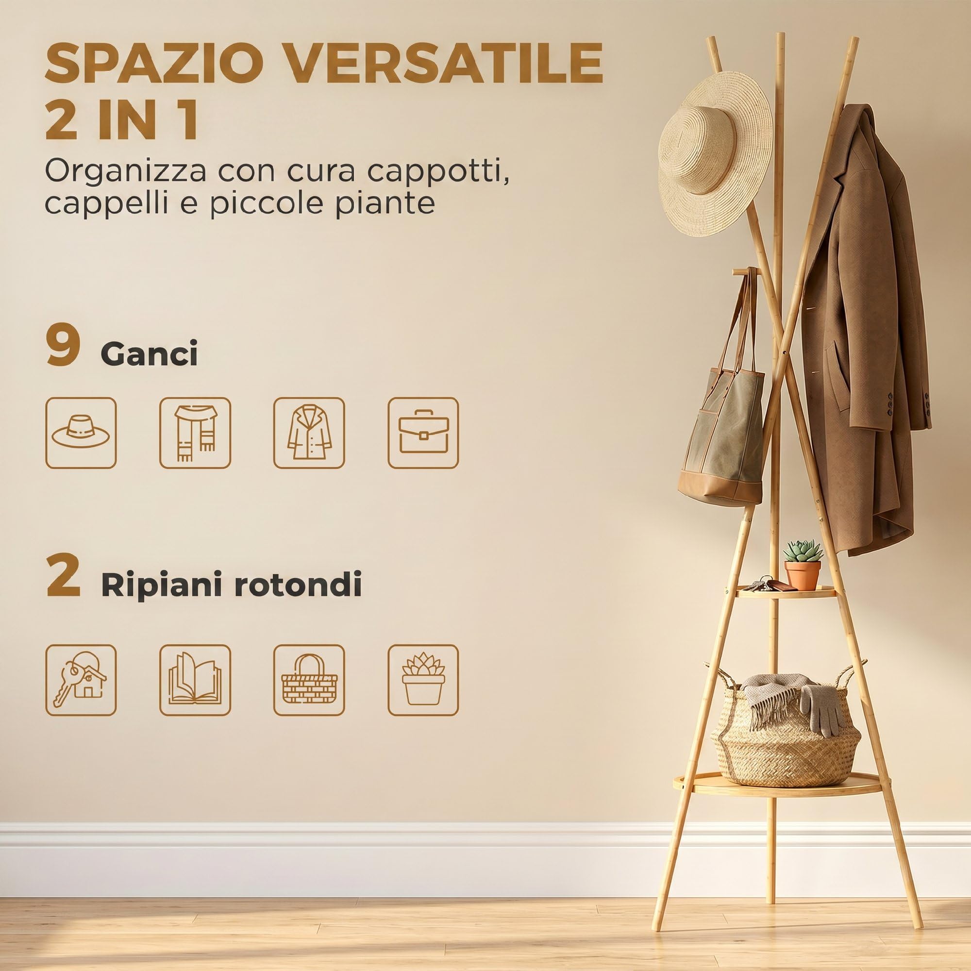 HOMCOM Appendiabiti da Terra in Bambù Rotondo con 2 Ripiani, Attaccapanni da Terra per Ingresso, Forma Albero Autoportante con 9 Ganci, Naturale