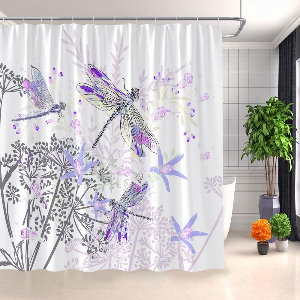 UOZXOML Watercolor Dragonfly Floral Shower Curtain Spring