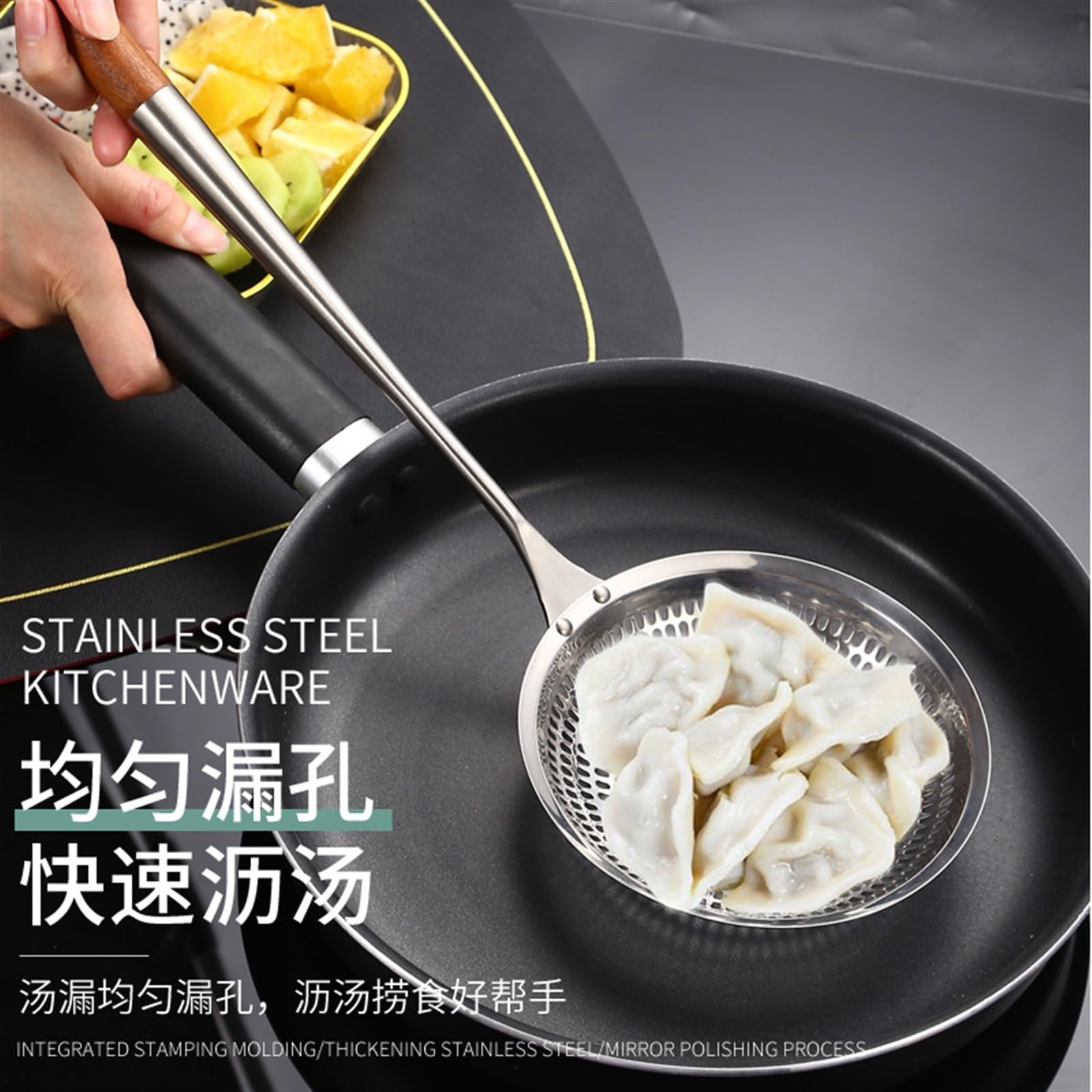 Colador Espumadera Cuchara Ranurada Inoxidable, Mango largo de madera Colador de pasta Escurridor de fideos Cucharas Espumador de cocina Colador de papas fritas Filtro de alimentos Nuevos utensilios d