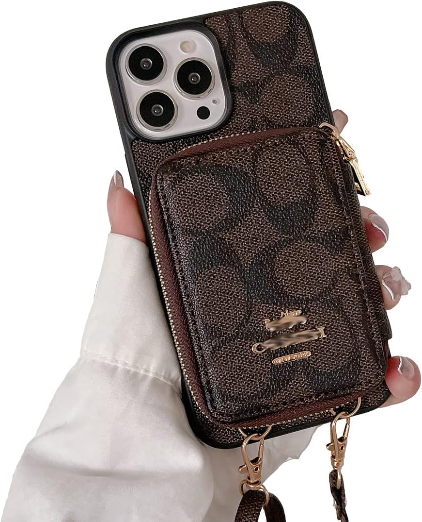 LBJ MAKY Luxury Wallet Case , Card Holder Case with Crossbody Strap for Women Metal nameplate Protective Case Compatible with iPhone 13 Pro Max 6.7''(Brown)