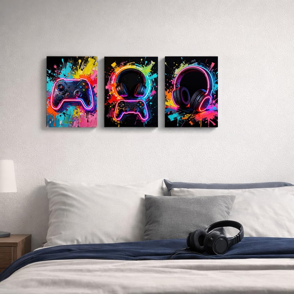 Artiluxy Set of 3 Gaming Canvas Wall Art, 12x16 Inch Neon Style Gamer Prints, Controller and Headset Artwork on Stretched Canvas for Game Room Bedroom Decor