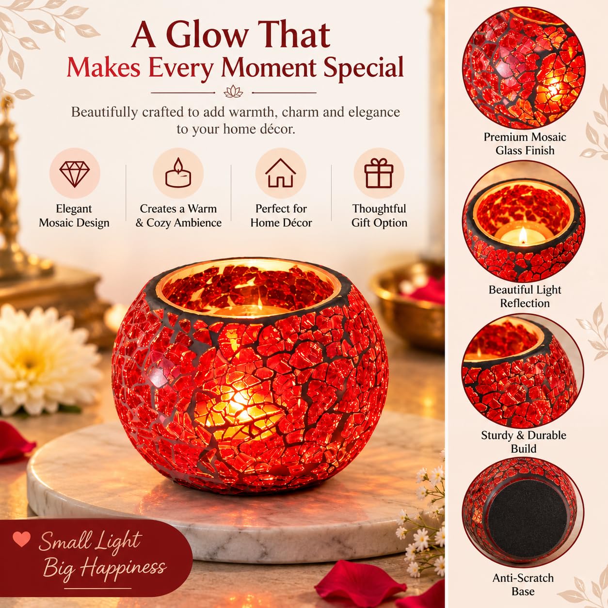 Red Mosaic Glass Tea Light Holder - Diwali Decor -5