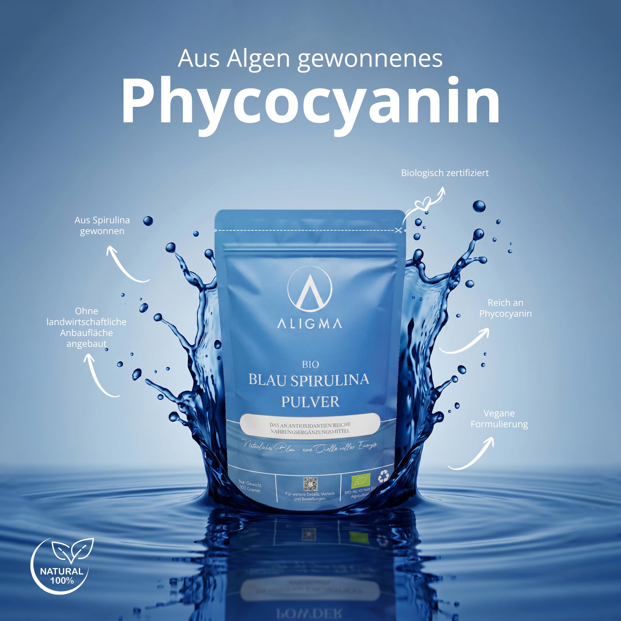 Aligma Bio-Spirulina-Pulver blau 75 Gramm | 100% natürliches Phycocyanin für Smoothies – leuchtend blauer Lebensmittelfarbstoff und proteinreicher Inhaltsstoff | Wiederverschließbare Verpackung