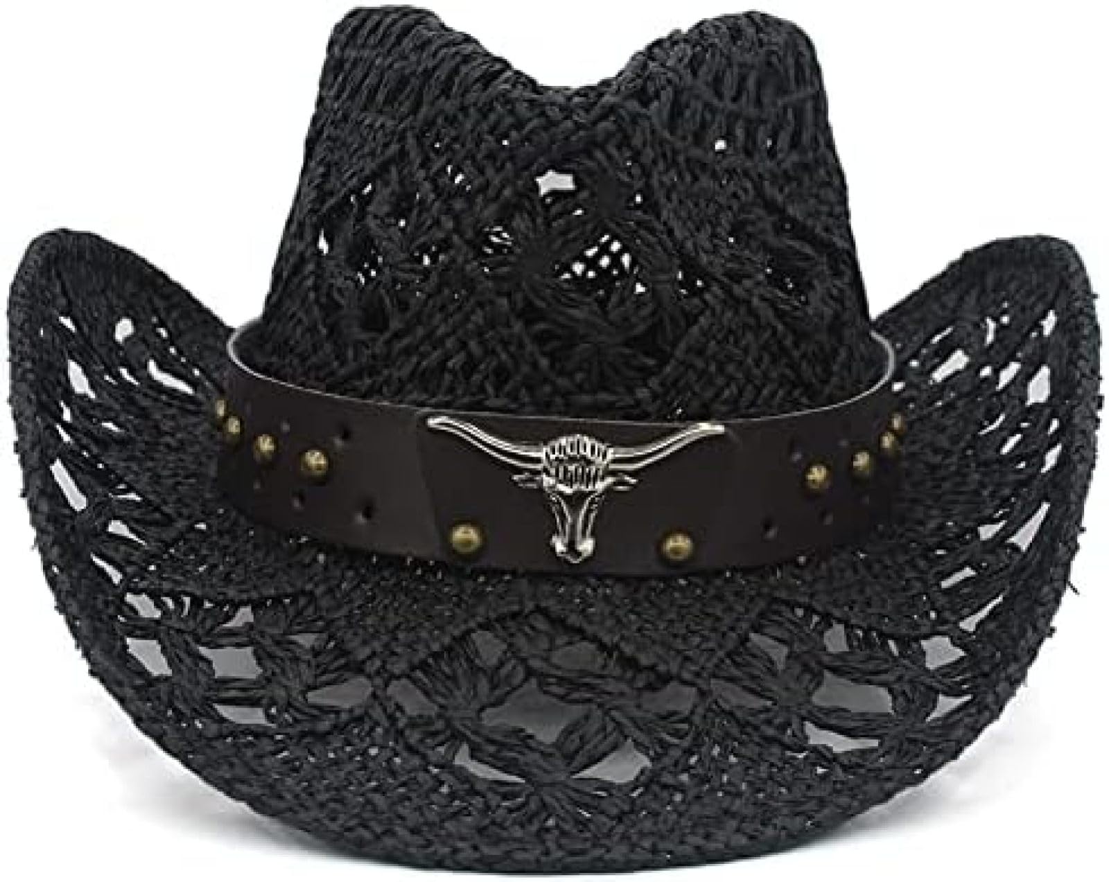 Sombreros De Vaquero Hombres Mujeres Sombreros De Vaquero del Oeste De Paja Sombrero De ala Ancha Sombrero para El Sol Fiesta De Viaje Gorra Al Aire Libre Sombrero Retro Clásico,Negro,7-7 1/8,YUYA
