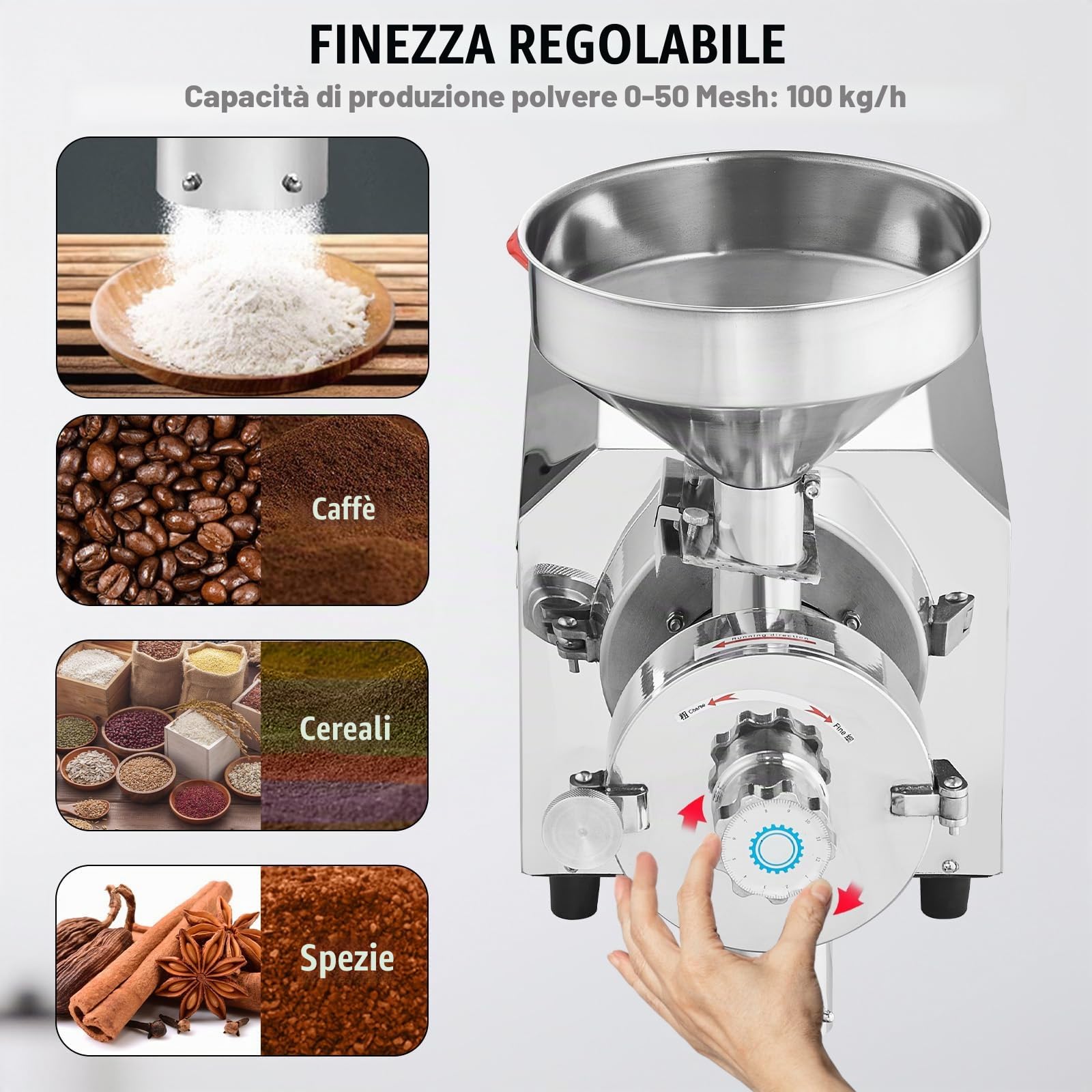 VEVOR Macinatore per Soia e Spezie 3000W Macinatore per Mais 100 KG/H Macinatore per Mais in Acciaio Inossidabile Macchina per Macinazione Industriale per Farina per Pepe Soia Arachidi Grani di Mais