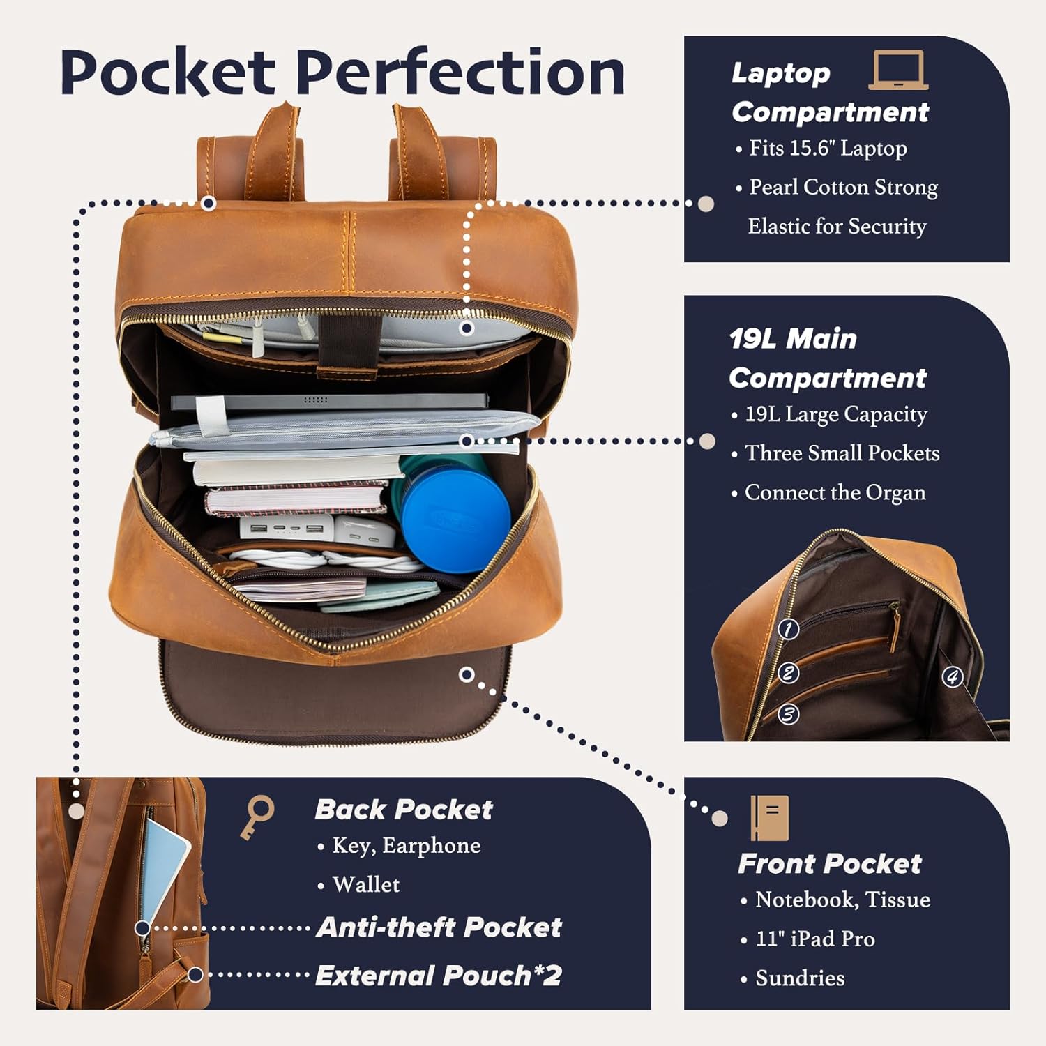 Leather Backpack for Men 15.6" Laptop Backpack 100% Madagascar top-Grain Leather Backpack Light Brown Medium Size - Image 3