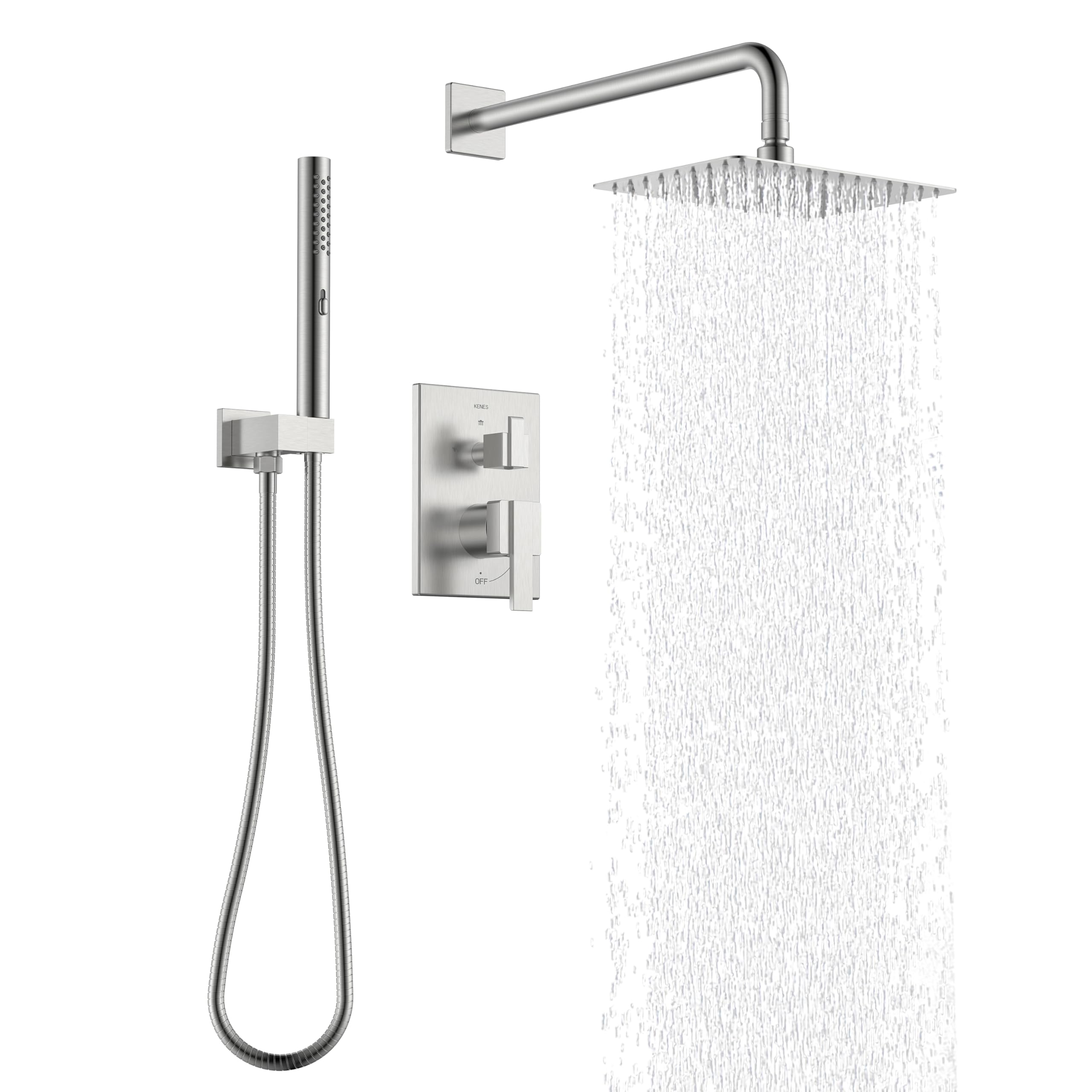 Photo 1 of **The photo and description are for reference only.**KENES Square Rainfall Shower System Faucet Set, Brushed Nickel Rain Shower Head and Handle Set, 10 Inch Stainless Shower Head with Handheld Spray (Shower Valve Included), LJ-6026A