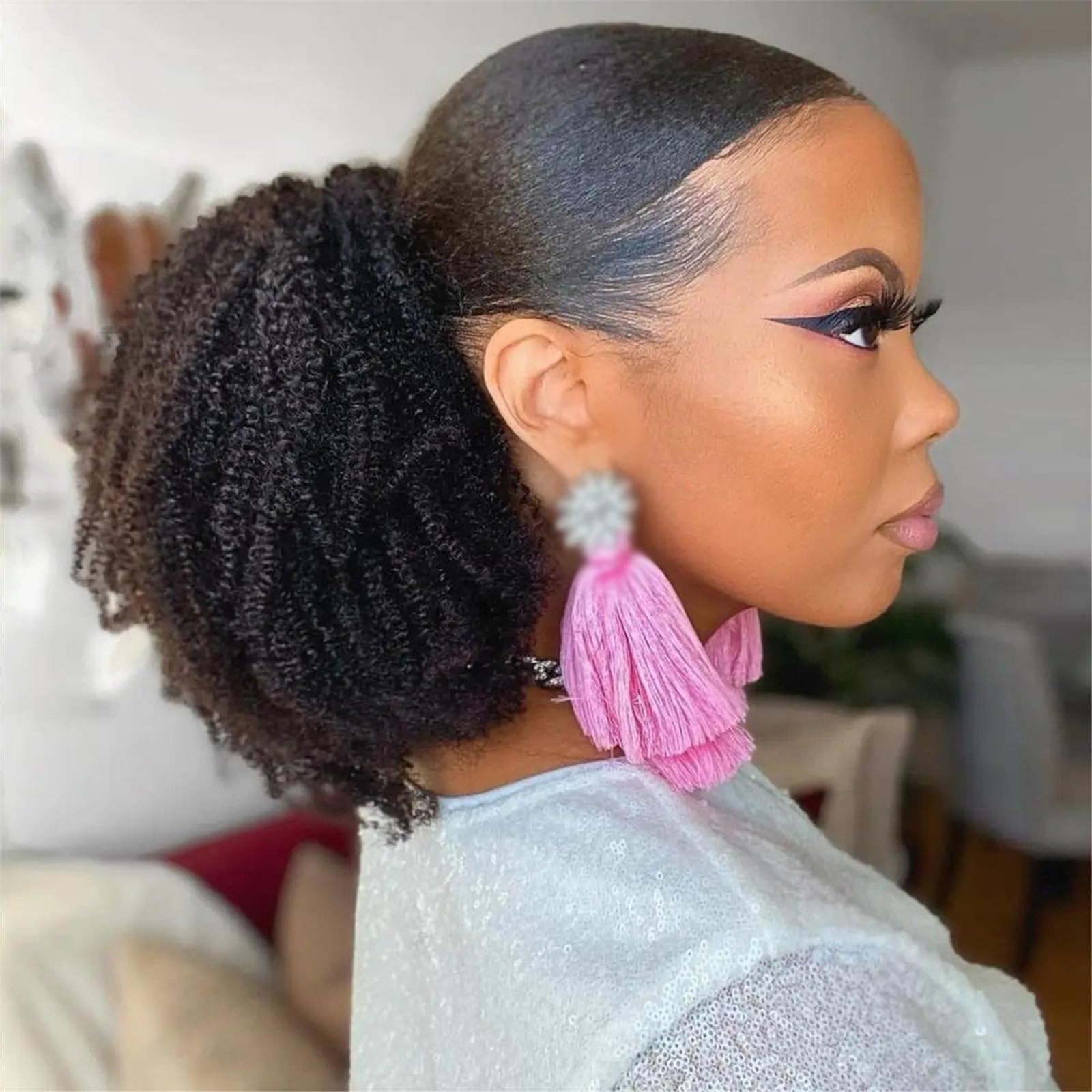 Postiche Queue de cheval crépue bouclée en cheveux humains Remy, queue avec cordon serrage for femmes, noir naturel Naturel(20inches)