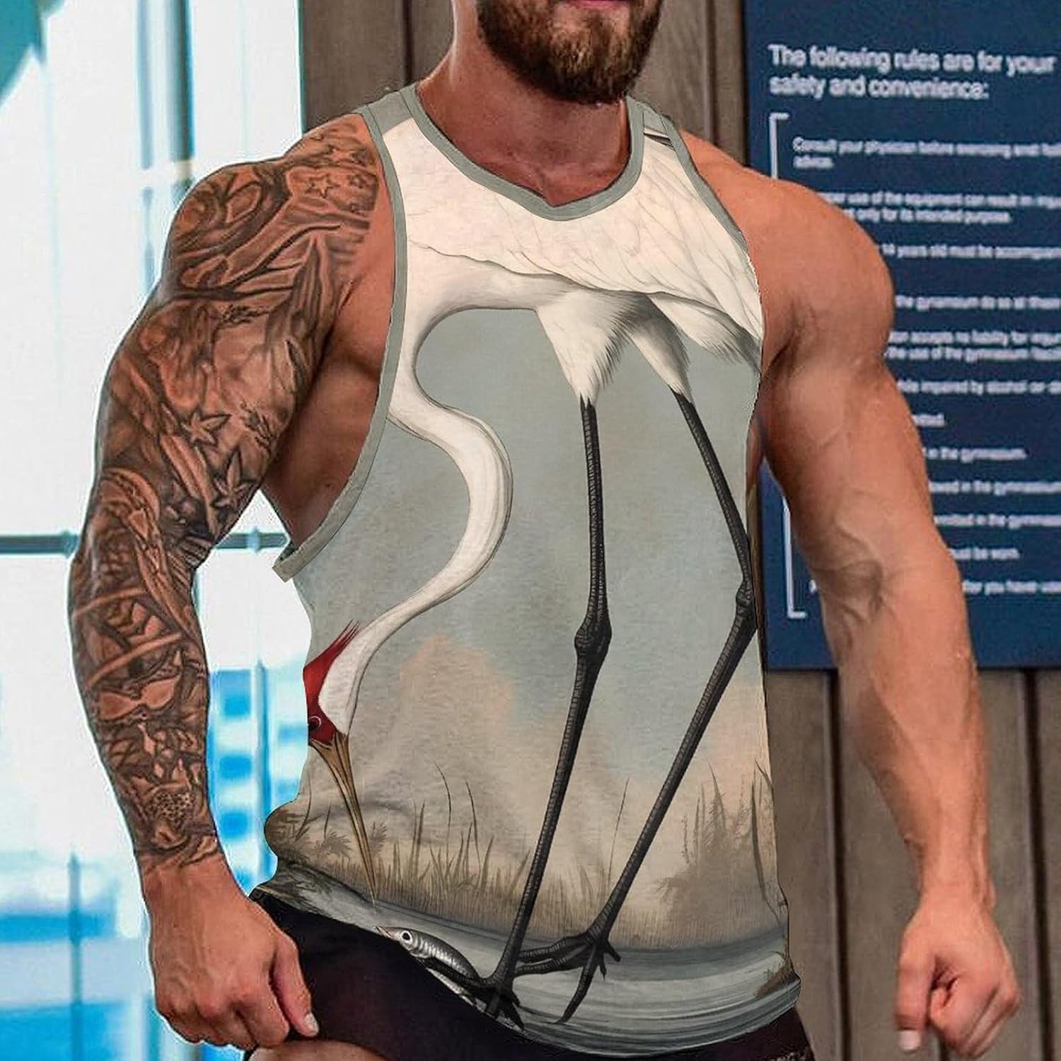 Whooping Crane Print Men's Tank Tops Sleeveless Muscle Shirts for Men Lightweight Vest Crew Neck T-Shirts
