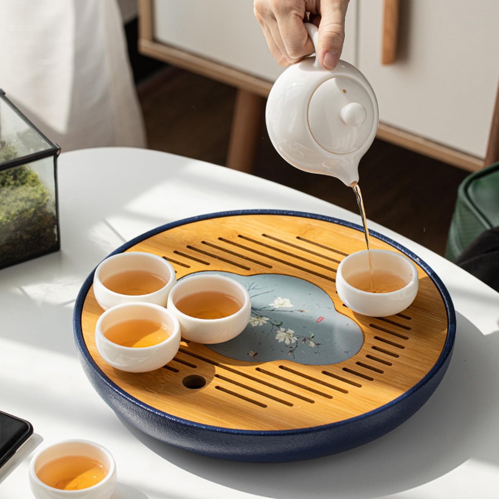Bandeja De Cerámica for Servir Té, Mesa China De Doble Capa, Mini Plato Redondo Kongfu con Función De Almacenamiento De Agua, for El Hogar
