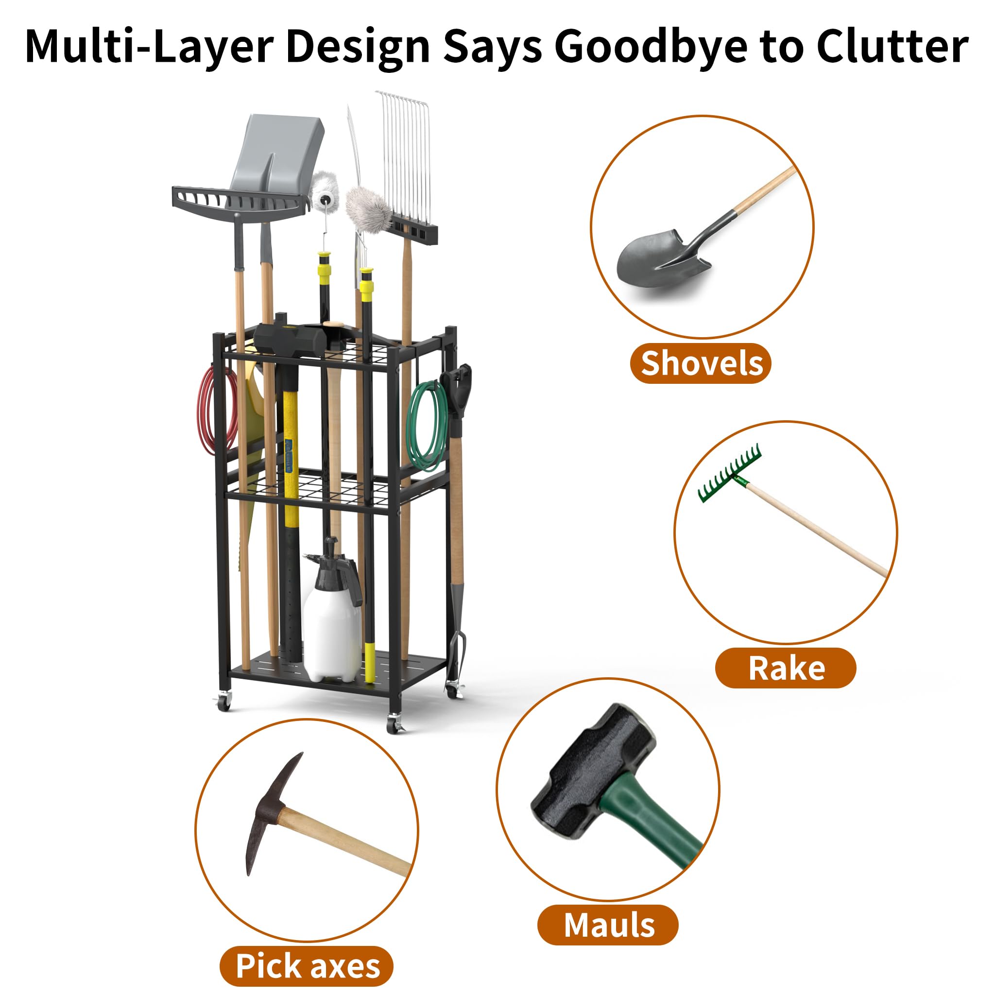 Anvuda Organizer per Attrezzi da Giardino,Porta Attrezzi da Giardino,Supporto Metallo con 3 Livelli e Ruote, Conservazioneper fino a 35 Attrezzi/Scope/Rastrelli a ManicoLungo,42x30x80cm