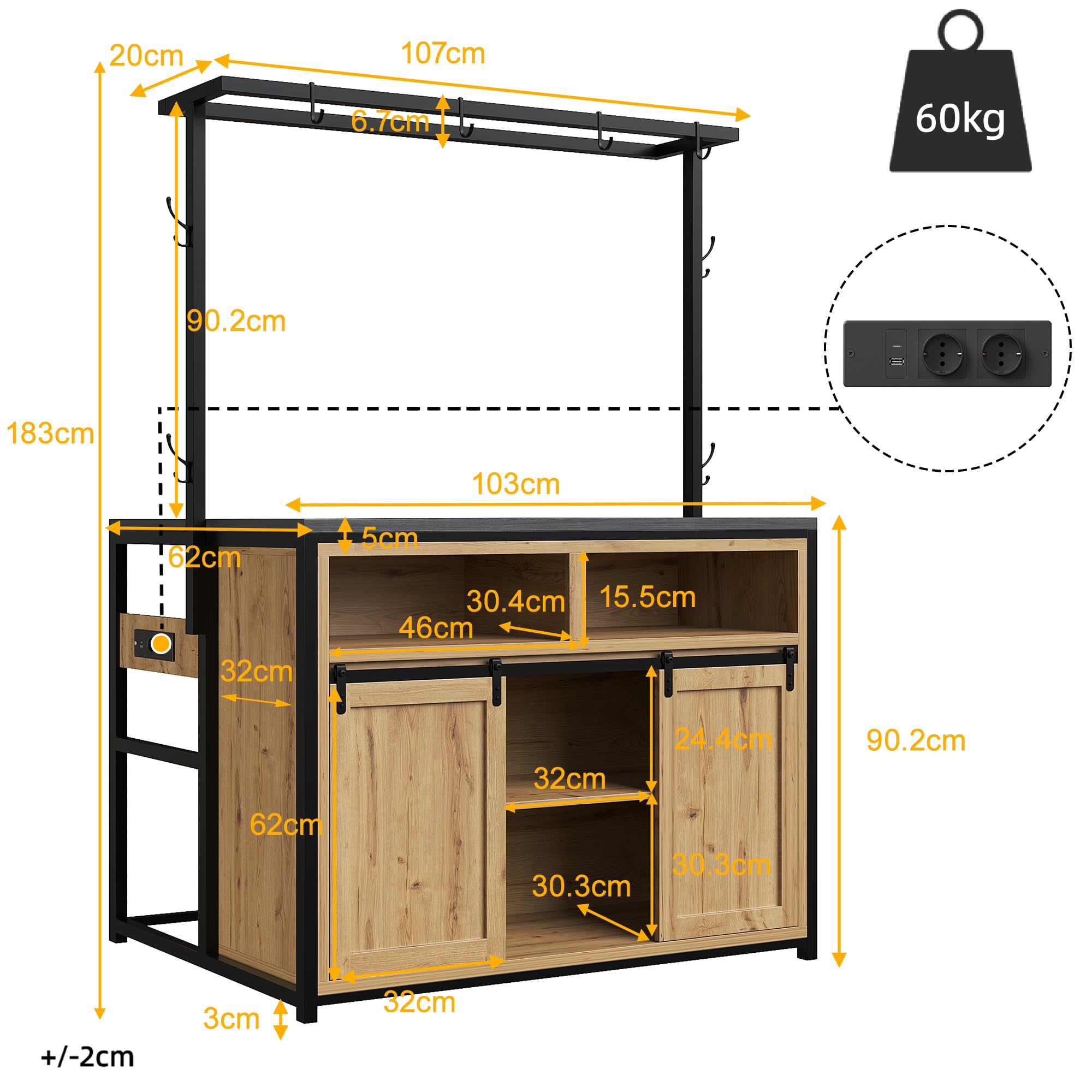 Kücheninselschrank 183 cm mit Arbeitsplatte, Stromanschluss & Hängeregal – Küchenschrank mit viel Stauraum für Küche & Esszimmer, Holzoptik