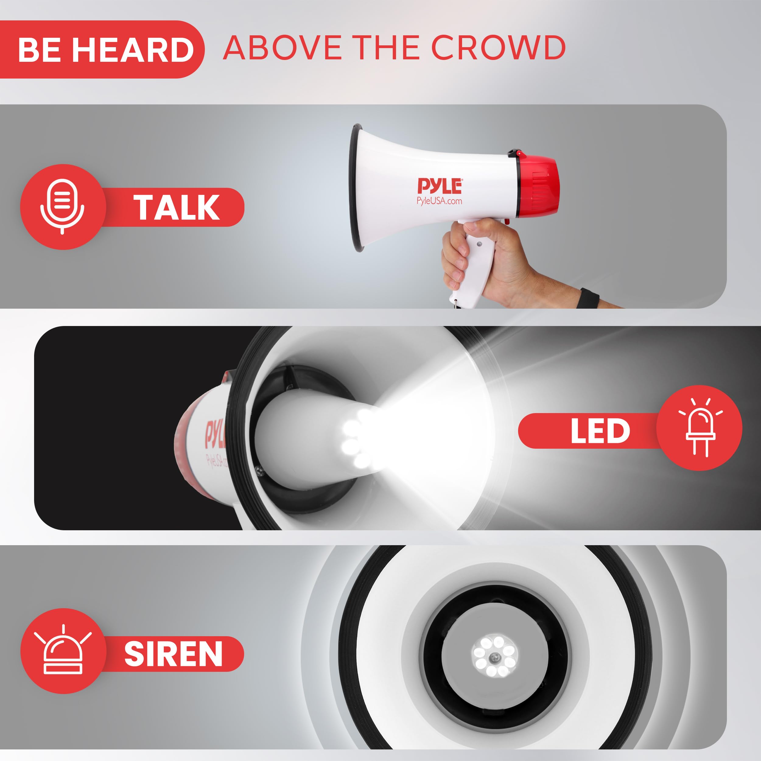 Pyle Megaphone Speaker with Siren, 30W Loud Portable Bullhorn PA System with Adjustable Volume, LED Lights and Built in Siren, Ideal for Sports, Cheerleading, Coaches, Safety Drills and More