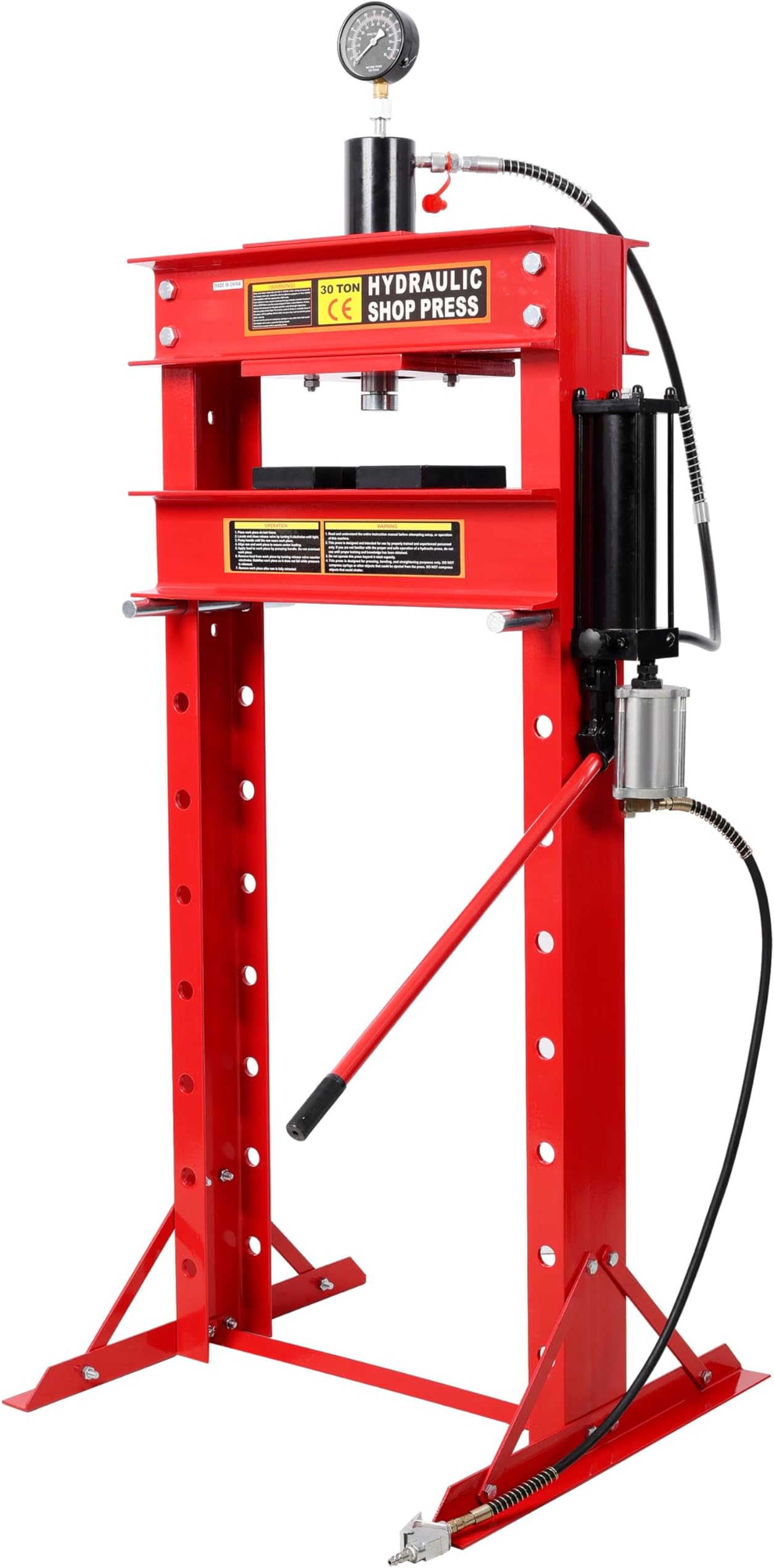 【LuckyNote】30 Ton Air Hydraulic Shop Press with Gauge,H-Frame Garage Floor Adjustable Shop Press,Red，Adjustable Height 0.2-36 Inches