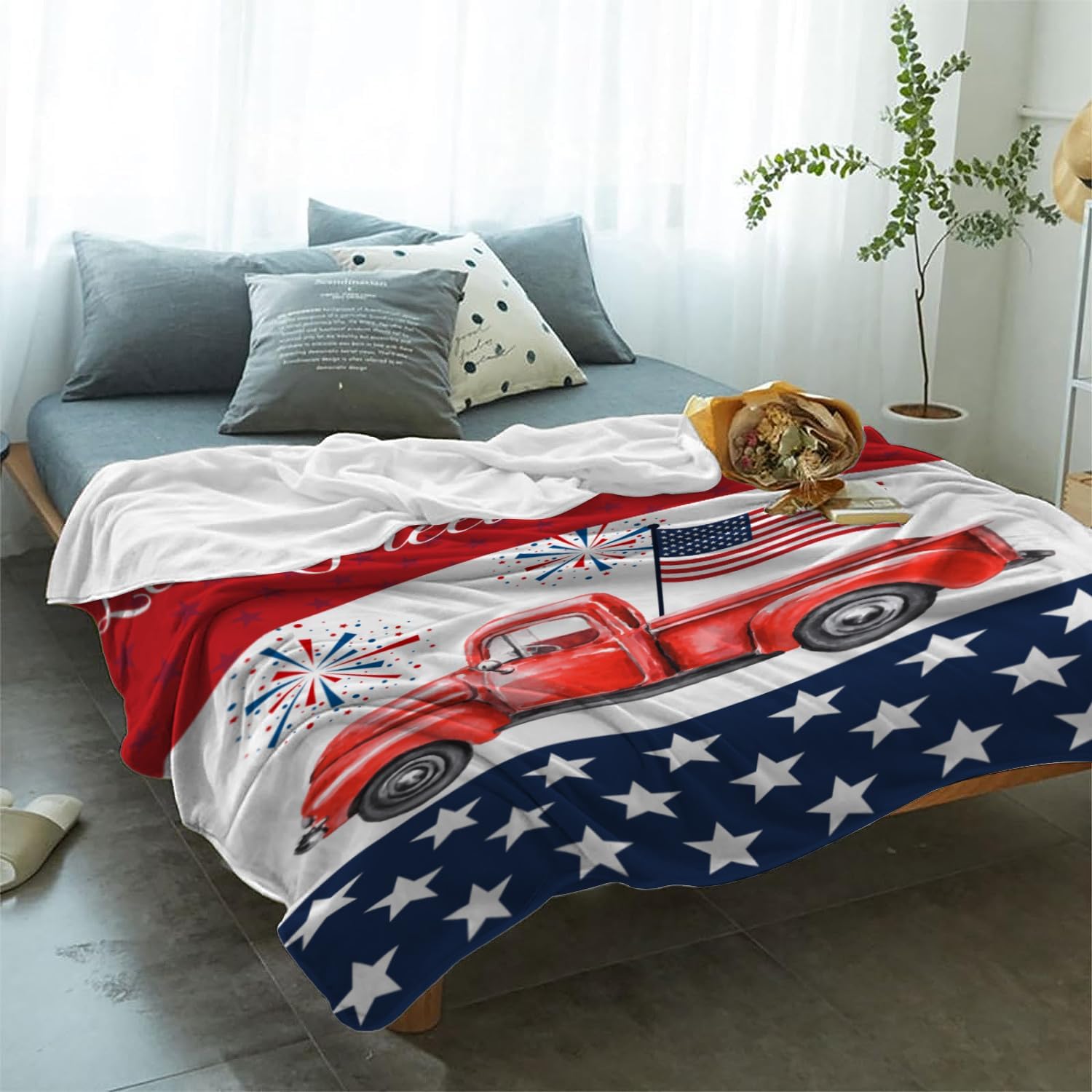 YeeJu Patriotic Throw Blanket Queen Size Big 4th of July Memorial Day Fourth of July Blanket Bed Couch Soft Fleece Blanket Stars and Stripes Red White Blue American Flag Veteran Blanket 90x90