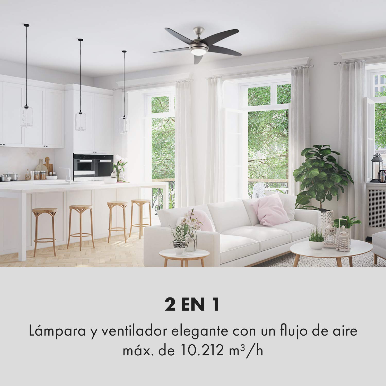 KLARSTEIN Bolero – 2 en 1, ventilador de techo, 134 cm, lámpara de 55 W, aspas de madera, mando a distancia, Negro