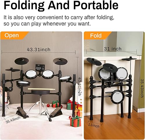 Miniatura 6 de Juego de batería eléctrica, kit de batería eléctrica para adultos principiantes con 25 kits de batería y 400 sonidos, USB MIDI, juego de batería de