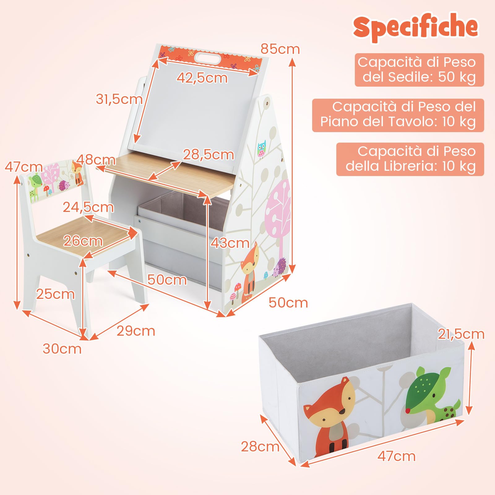 COSTWAY Cavalletto per Bambini Doppio Lato, Set Tavolo e Sedia per Bambini con Lavagna Magnetica e Lavagna Bianca, Contenitore in Tessuto e Libreria(Bianco)