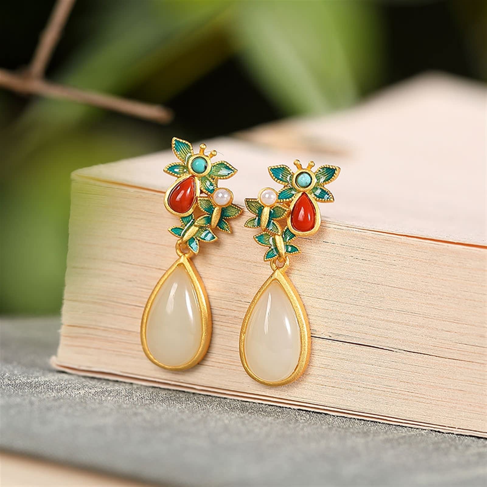Pendientes de plata S925 chapados en oro con cloisonné y perlas de jade hetiano, pendientes de mujer en forma de gota, joyería