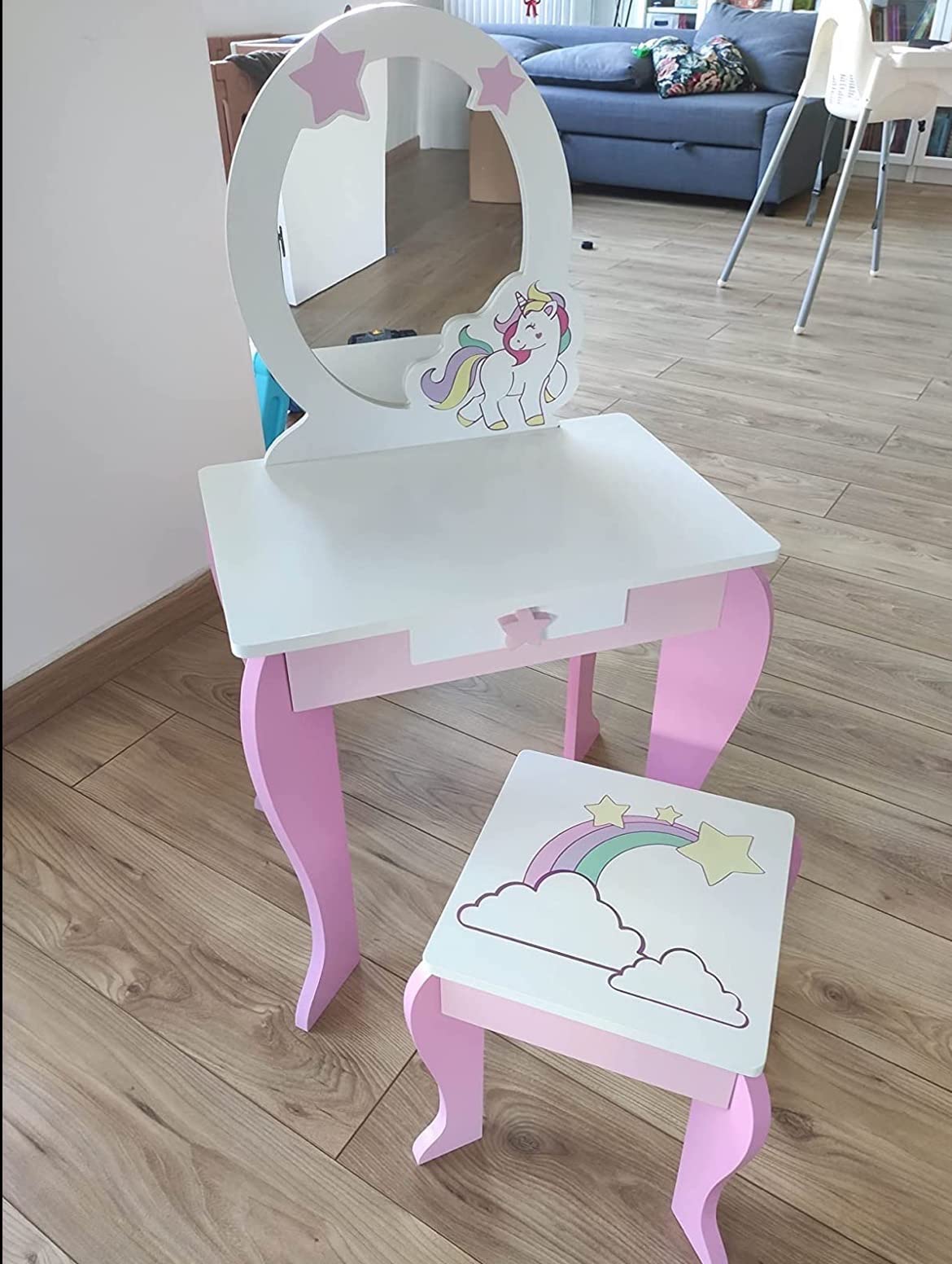 Coiffeuse Enfant Fille en Bois avec 3 Miroirs et Tabouret avec Coffre de Rangement - Rose - roba