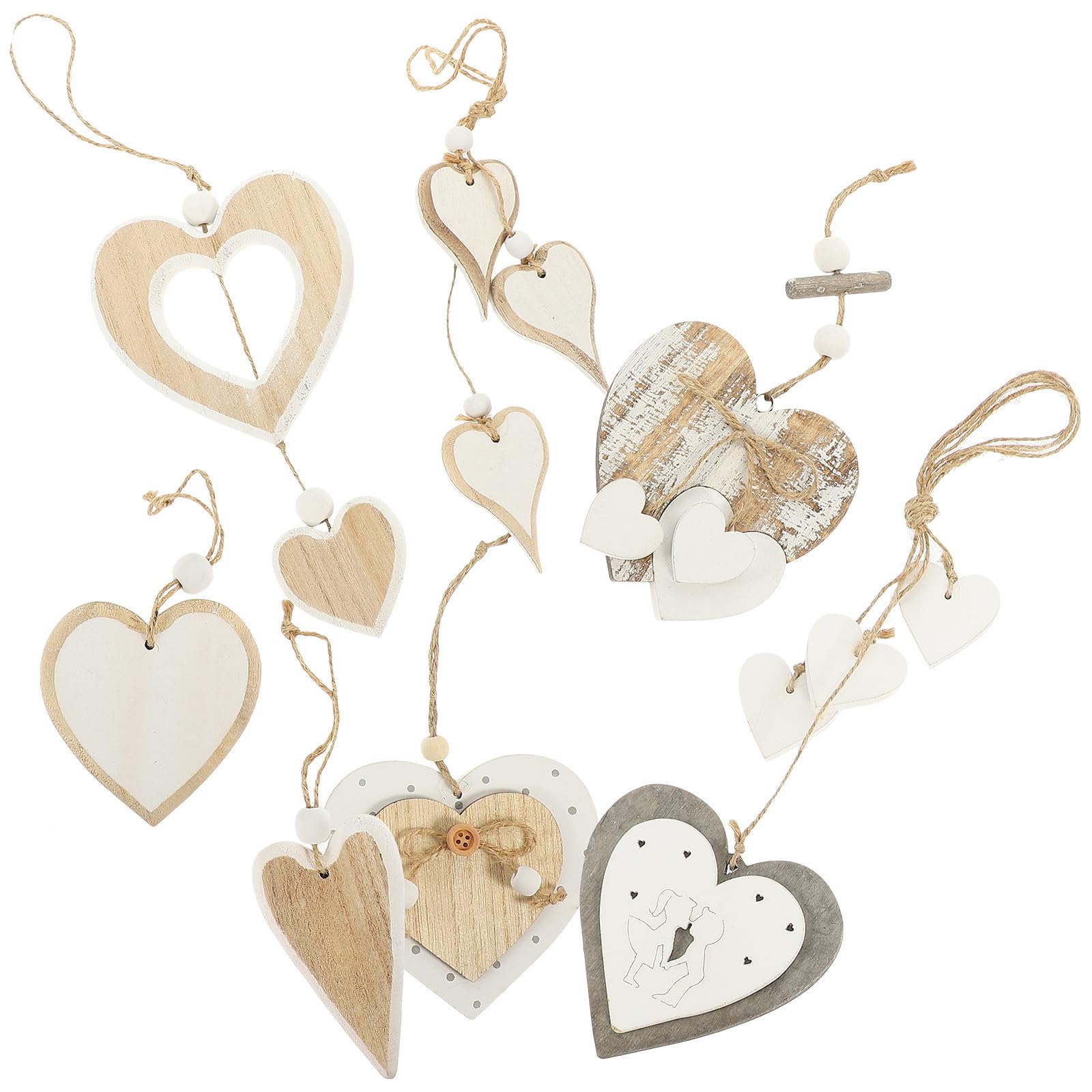 TOYANDONA 3 Sets Herzförmiger Hängeschmuck mit Hanfseil für Festdeko | Sieben Varianten, Valentinstag und Weihnachten, Geeignet für Decke und Abschlussfeiern, Natürliches Holz