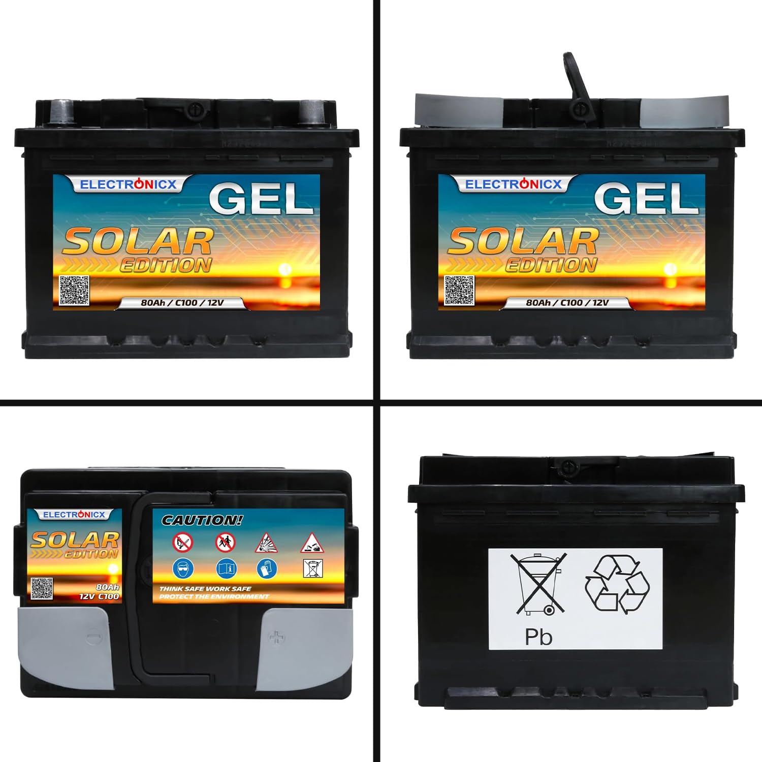 Batería de alimentación Gel Electronicx 12V 80Ah – Batería 12 voltios 80 Ah – batería Solar para Autocaravana, Furgoneta y Barco – acumulador de Gel para fotovoltaica, Camping, Marina