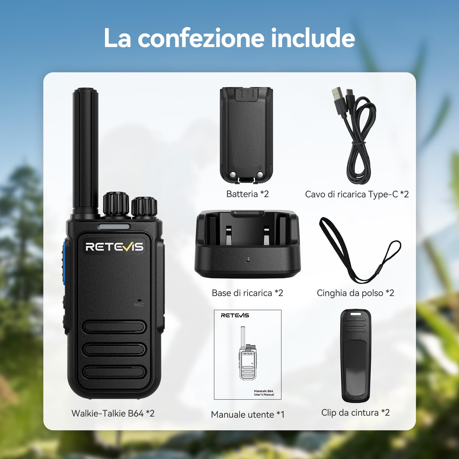 Retevis B64 Walkie Talkie per Adulti, Radio a 2 Vie, Riduzione del Rumore Chip AI a Due Vie, Regolazione della Qualità del Suono, Comunicazione Radio USB-C Ricaricabile per Famiglia (Nero, 2 Pezzi)
