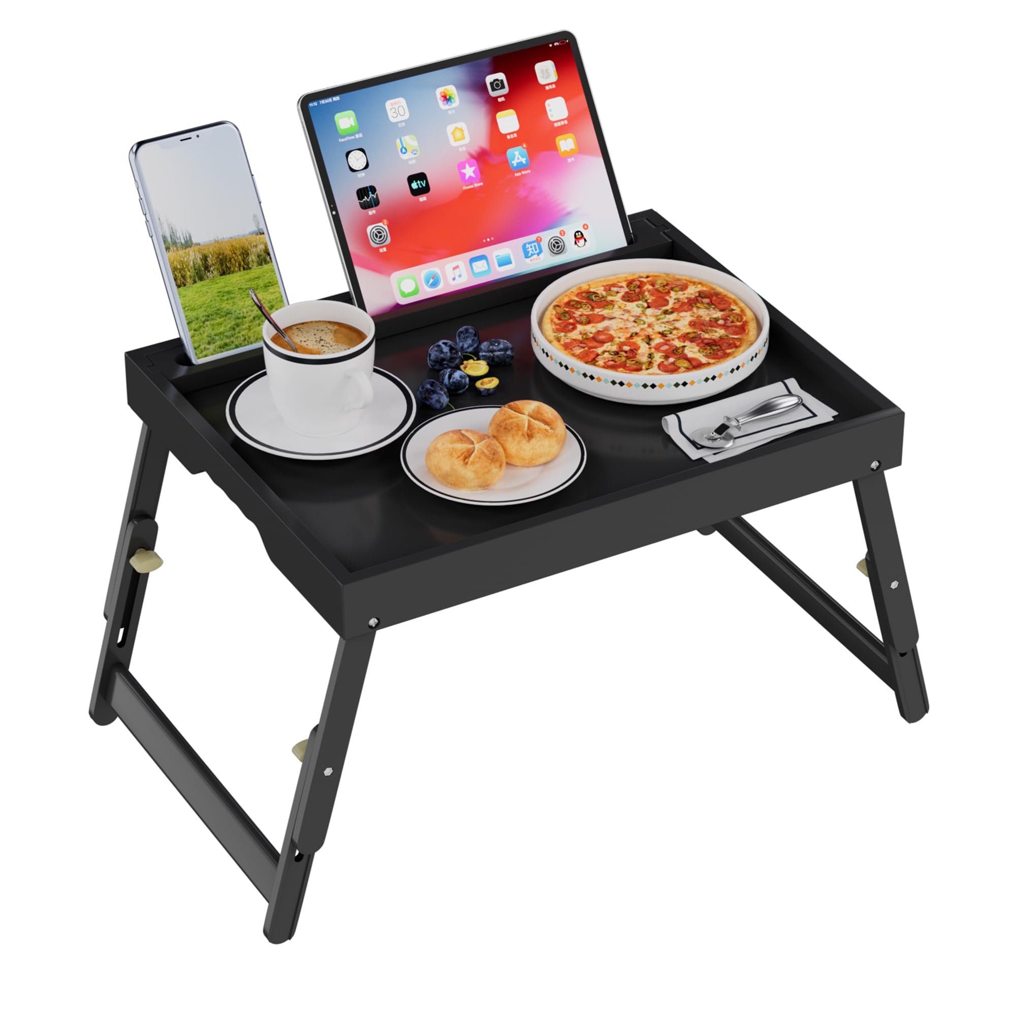 Artmeer Bed Tray Table with Folding Legs, Bamboo Breakfast Food Tray with Media Slot, Use As Platter, Laptop Desk, Snack, TV Tray Kitchen Serving Tray