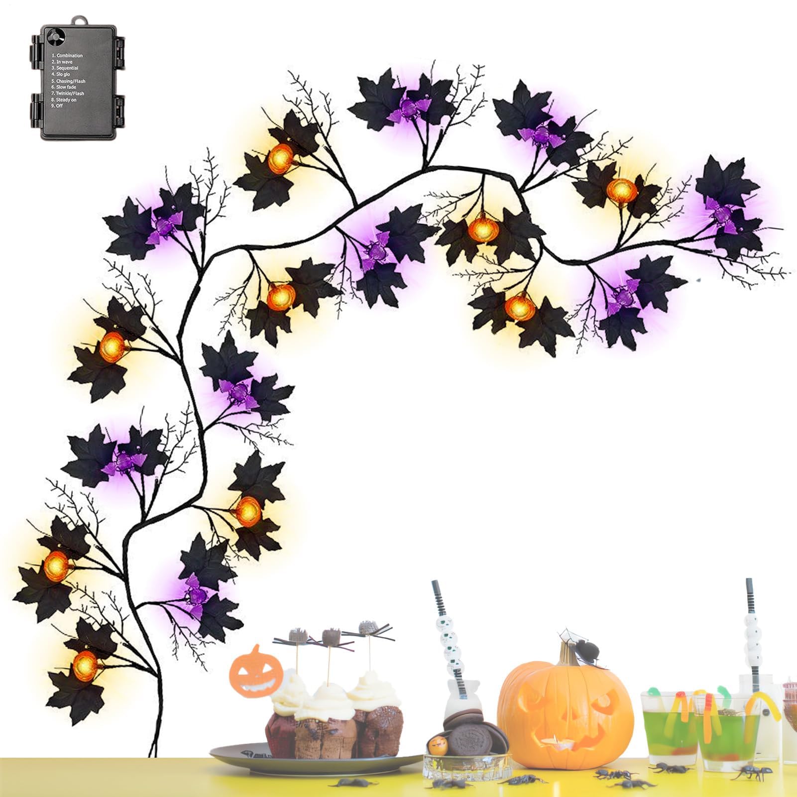 Światła na Halloween - gałązki wierzby LED, 8 trybów, zasilane bateriami, wodoodporna girlanda dekoracyjna na balkon, ścianę, na zewnątrz, na kominek, okno, do salonu i do wnętrz
