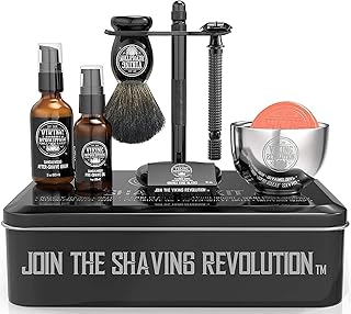 Viking Revolution - Kit de Afeitado de Lujo - Regalo Hombre - Incluye Maquinilla, Soporte, Tazón, Bálsamo, Aceite Pre-Afeitado y Brocha de Tejón - Perfecto Set de Afeitado