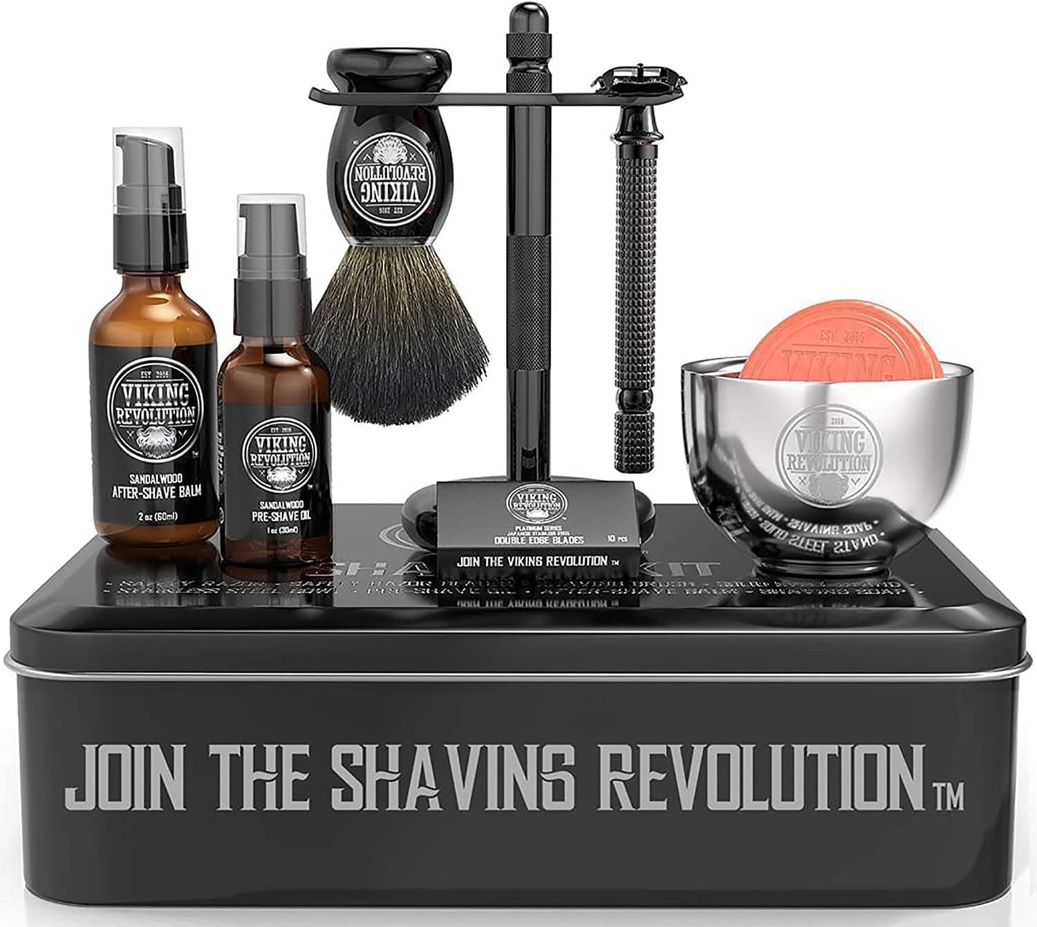 Viking Revolution - Kit de Afeitado de Lujo - Regalo Hombre - Incluye Maquinilla, Soporte, Tazón, Bálsamo, Aceite Pre-Afeitado y Brocha de Tejón - Perfecto Set de Afeitado