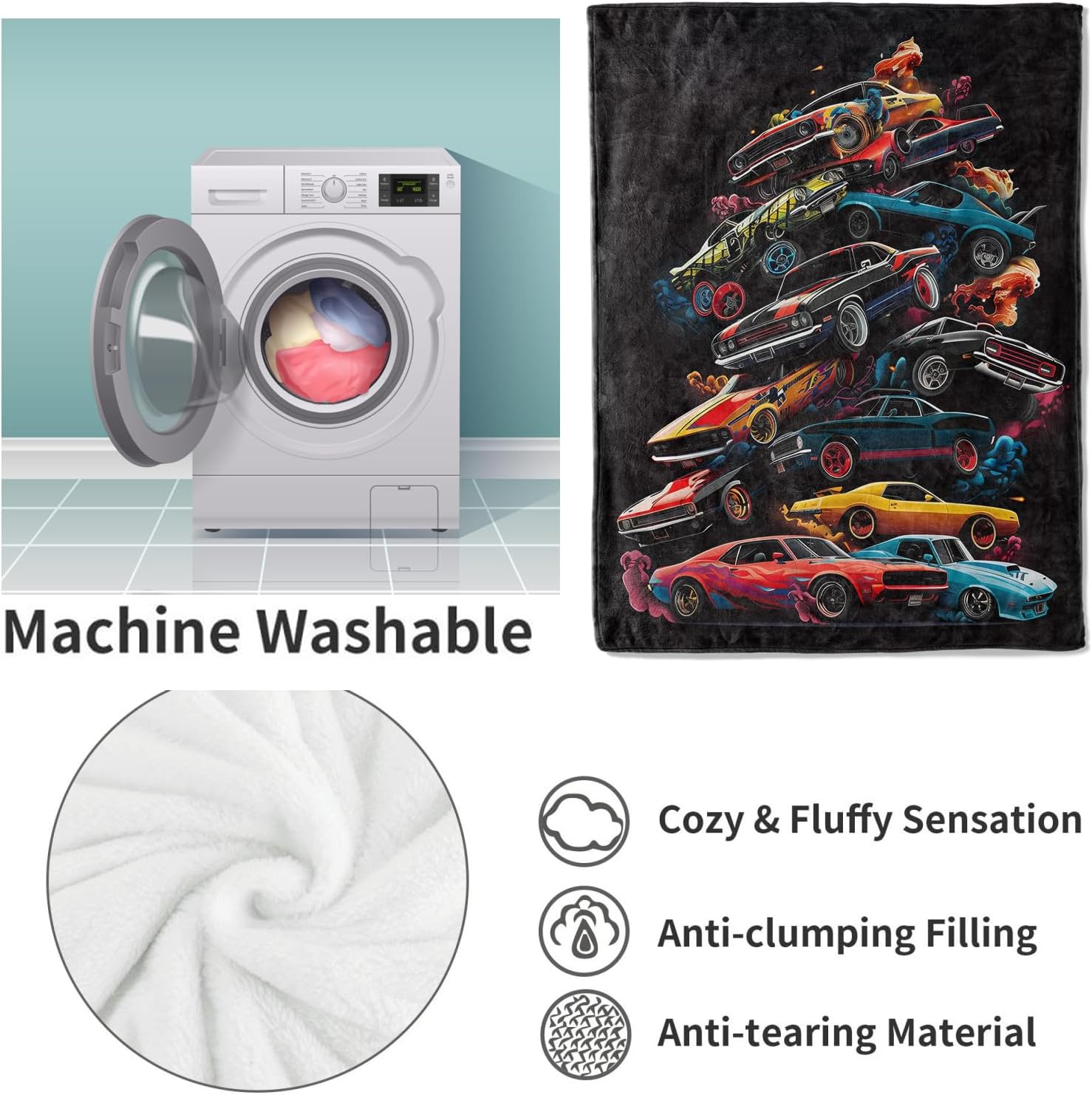 Muscle Cars Throw Blanket, Black Vintage Sports Car Print Fleece Blanket, Lightweight Warm Blanket for Boys Kids Teens Adults, Perfect for Couch Bed Sofa, Gifts for Car Enthusiasts, 50x60 in - Image 4