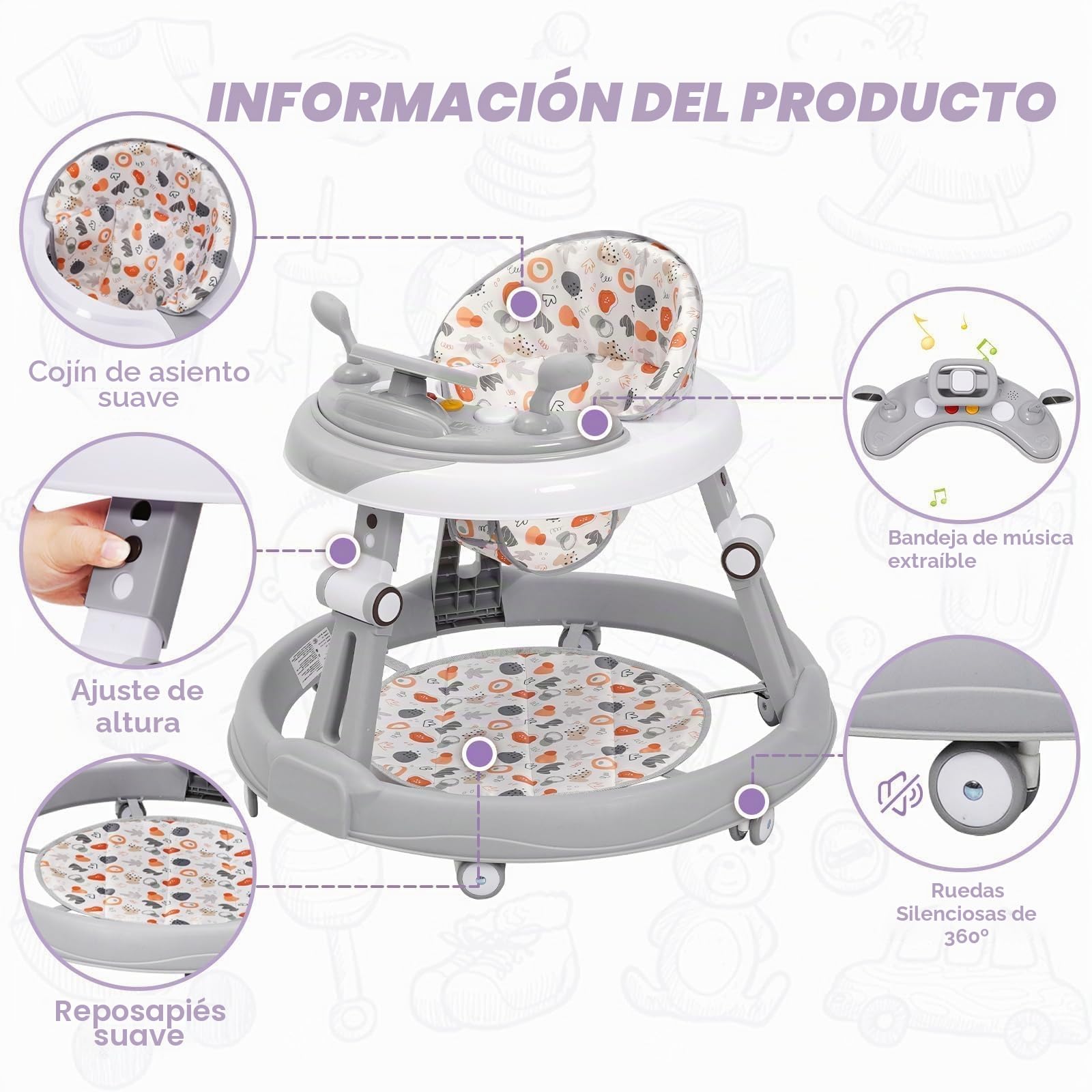 Tacata Bebes con Volante,Juego,Alfombrilla, Chasis Redondo Antideslizante de 6 Ruedas,Plegable Y con 3 Alturas Ajustables,Asiento con 4 Posiciones Ajustables,Andador Para Bebés a Partir de 0+