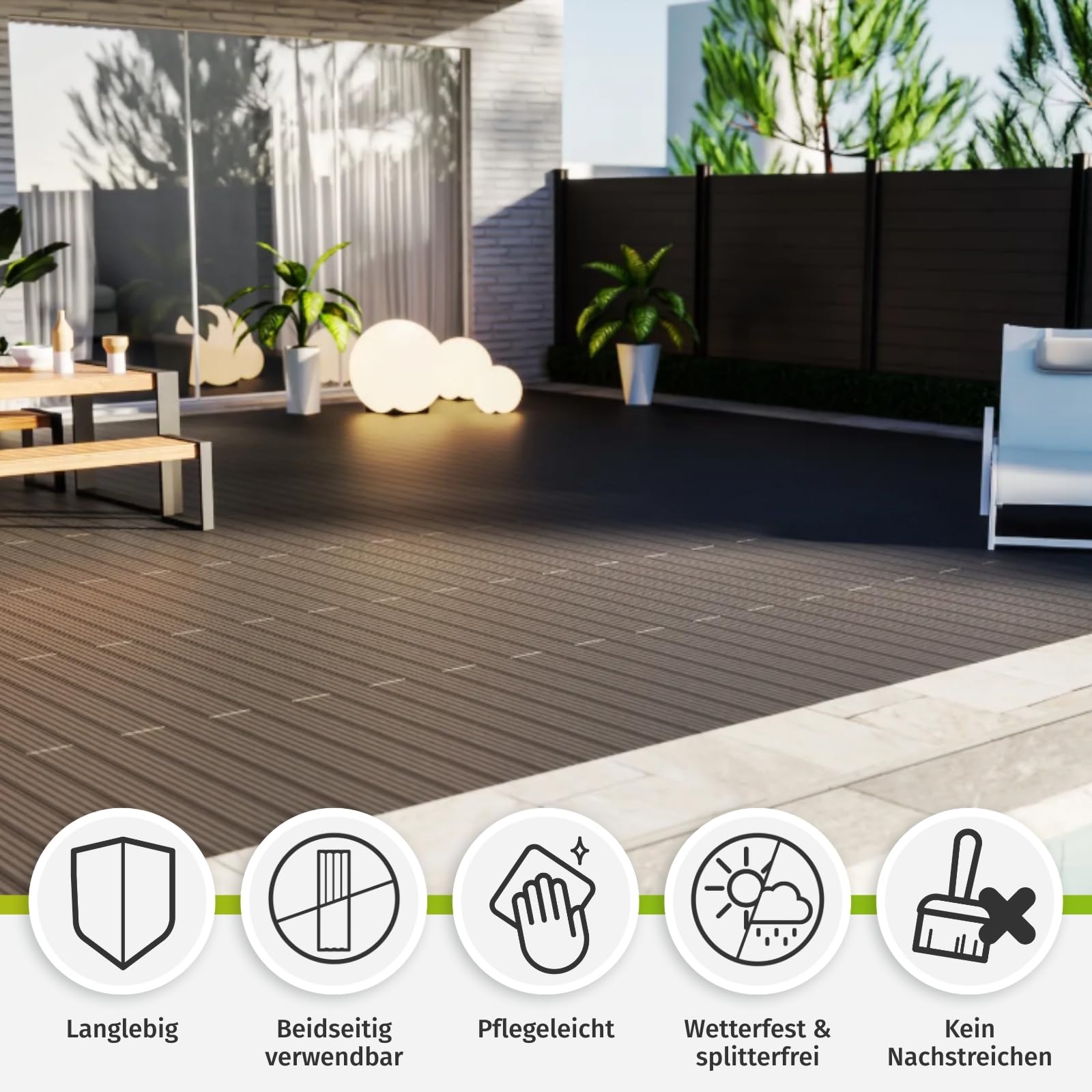 HORI WPC Terrassendielen Komplettset Antigua verschiedene Farben - Hohlkammerprofil, beidseitig nutzbar, inkl. Unterkonstruktion & Clips Fläche: 5 m² - 220 cm Dielenlänge - Braun
