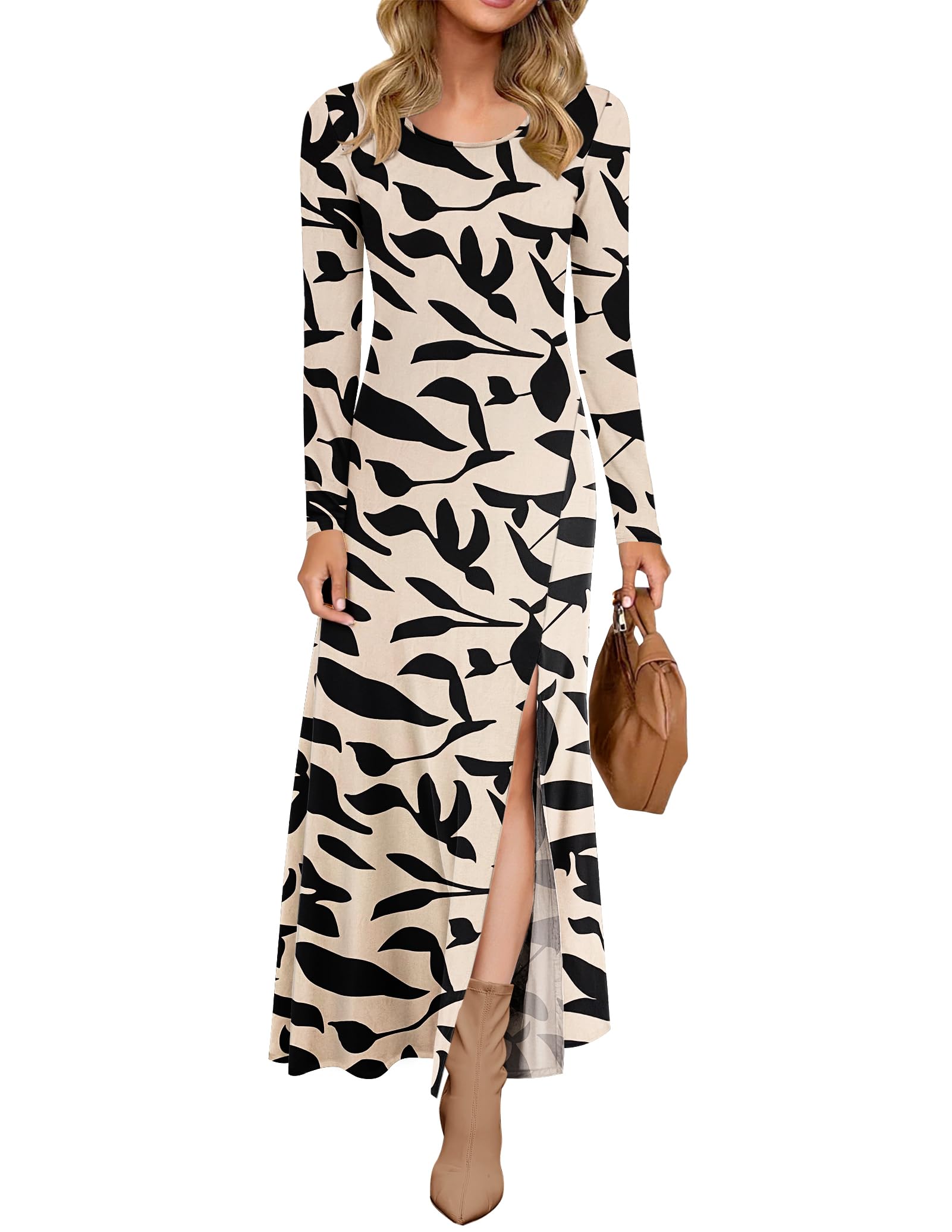 Auselily Women's Apricot Black Leaves Long Sleeve Dress Uk Maxi Slit Elegant Long Dresses Xxl