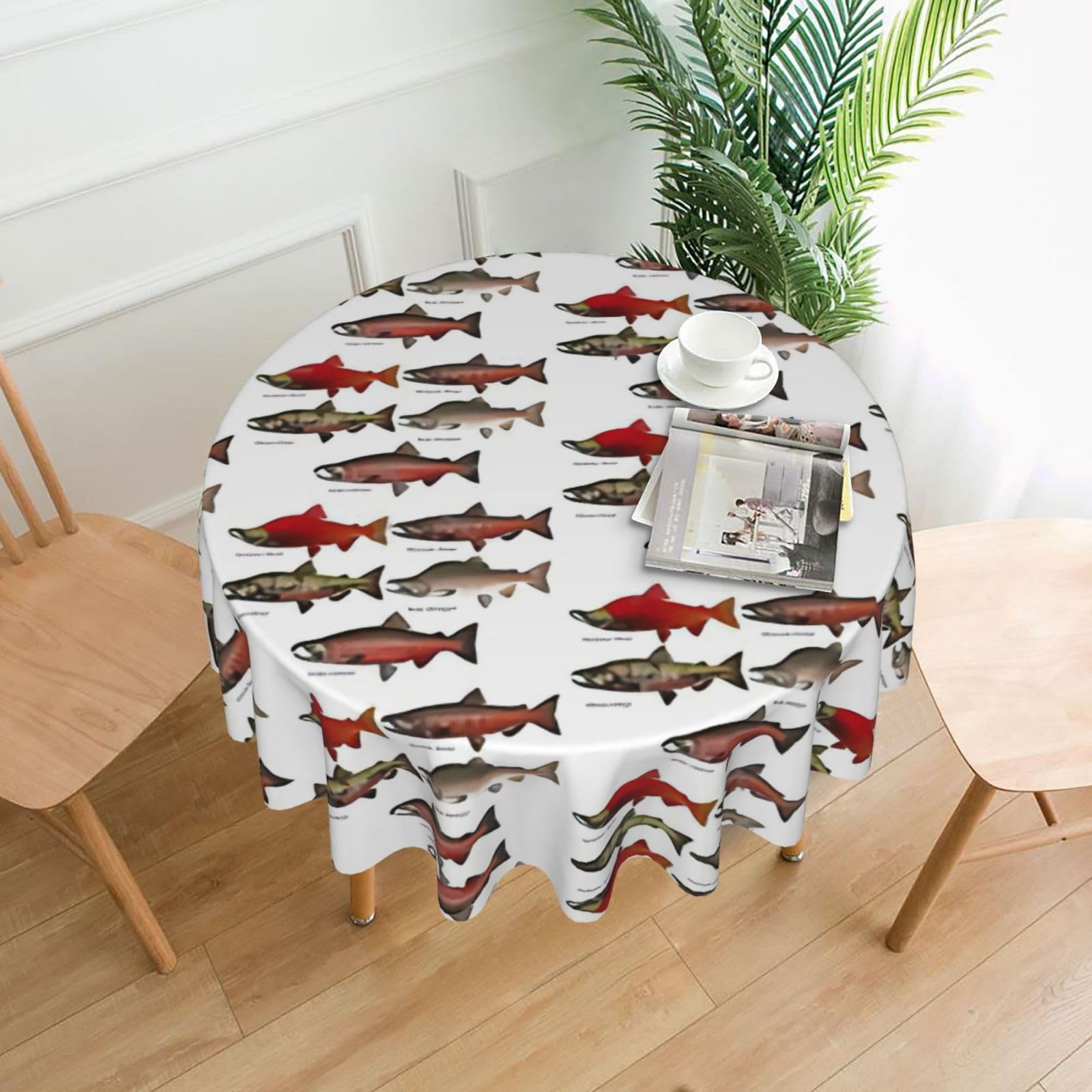 VCzsdff Salmon Print Stain Resistant Round Tablecloth 60in Family Friendly Polyester Cloth for Kids Meals