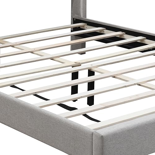 Miniatura 7 de Base de cama de plataforma tamaño Queen con cabecera con respaldo de ala, base de colchón de tamaño matrimonial con listones de madera fuertes, sin