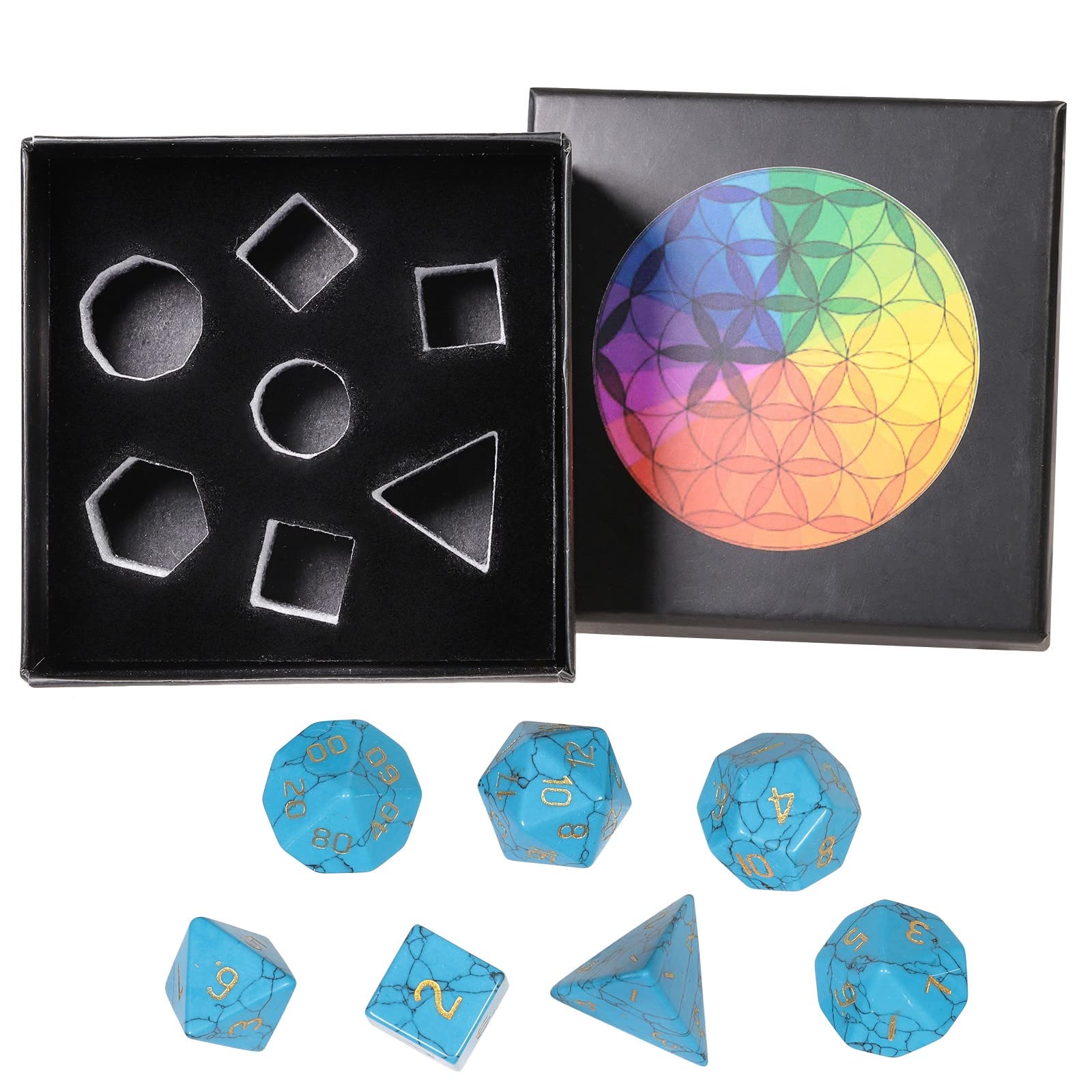 mookaitedecor 7 Stück Howlith Türkis Edelstein Polyedrische Würfel Set | Polierte DND Würfelset, für Dungeons und Dragons, Tabletop Spielwürfel, RPG MTG Tischspiele Rollenspiel Heim Dekoration