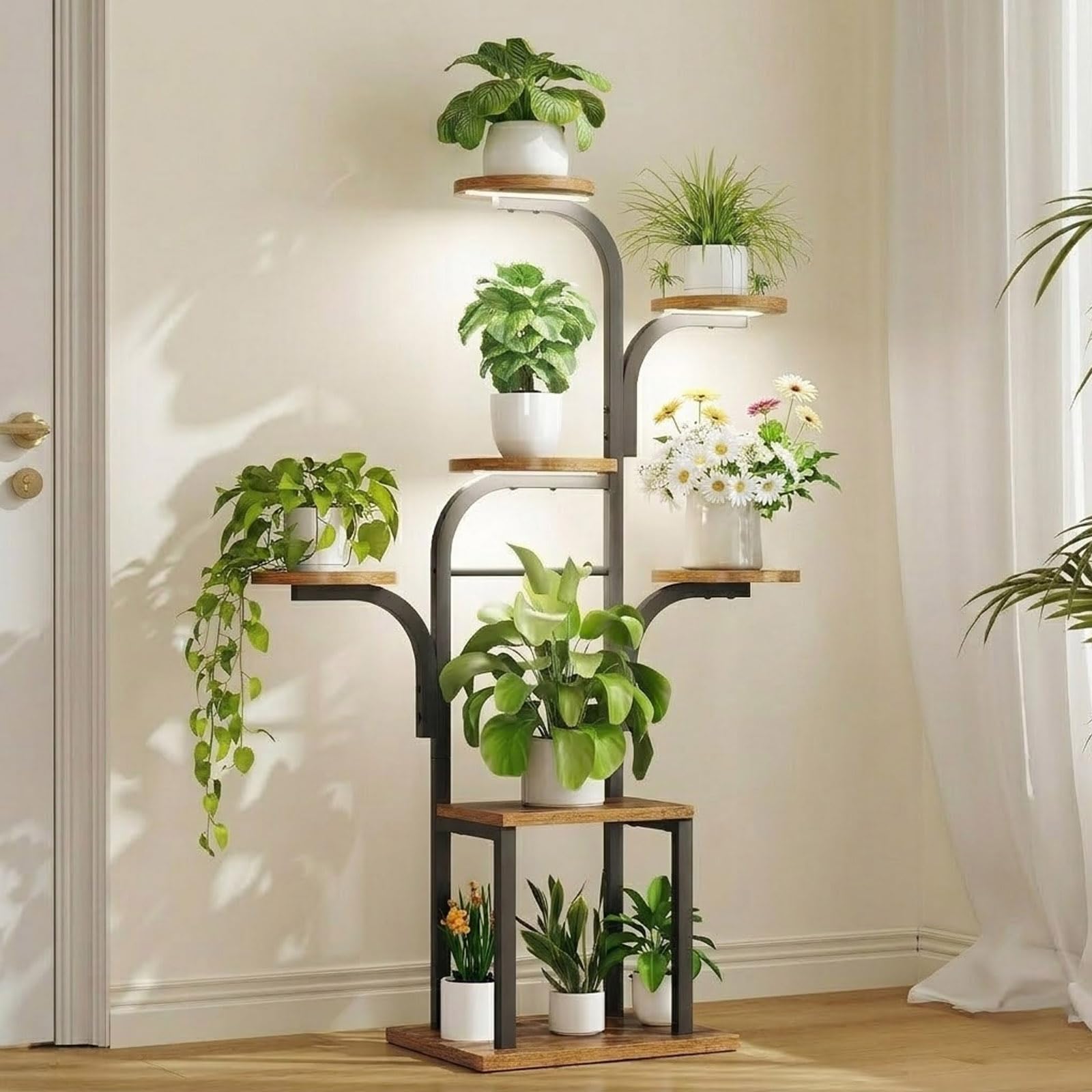 HOOBRO 7 Ebenen Pflanzenständer, Blumenständer mit Pflanzenlampeit, 120cm hoher Blumenständer, Indoor Pflanzenregal, Blumenregal für Wohnzimmer Garten Balkon, Vintagebraun und Schwarz EBF09DHJ01