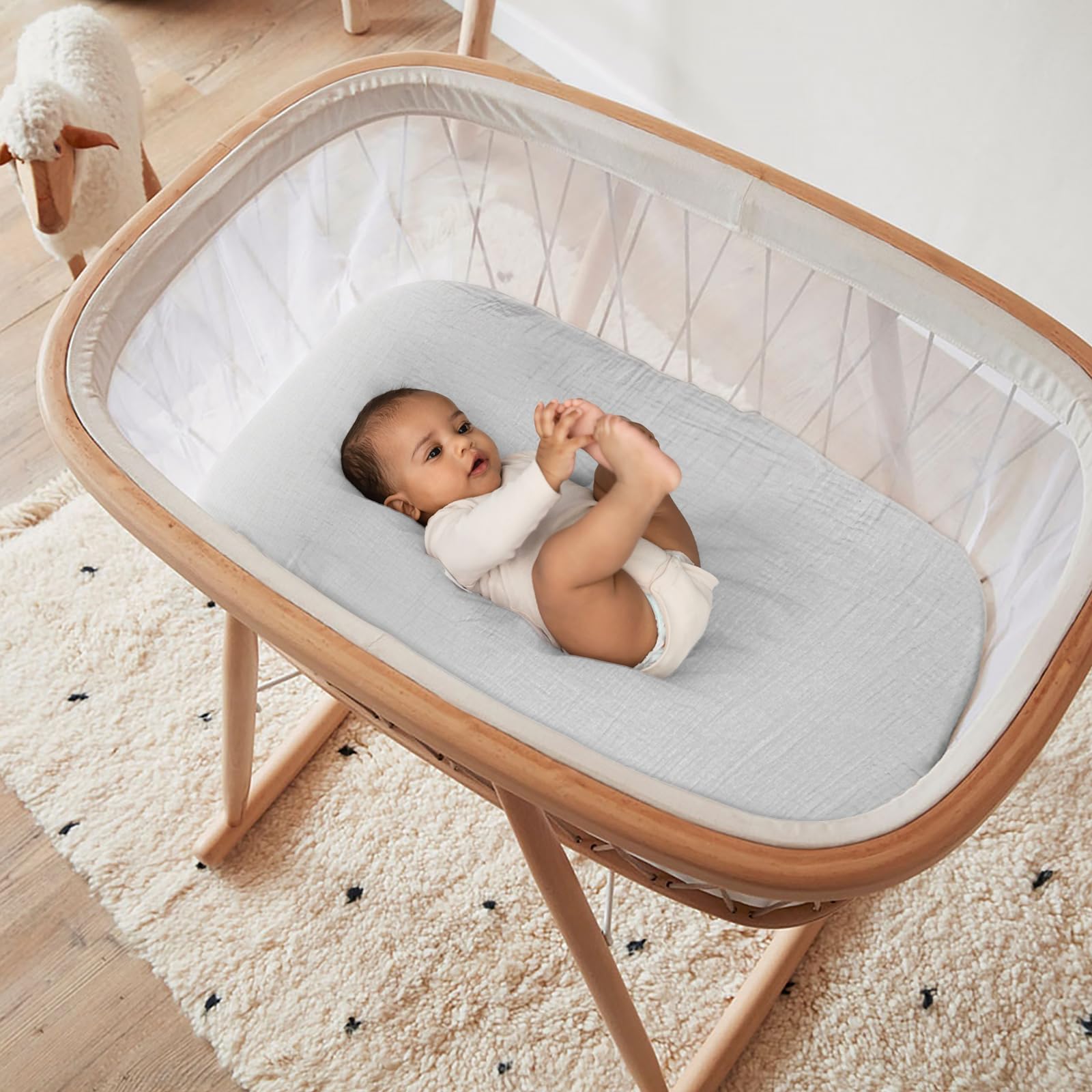 lulumoon Lot de 2 draps Housses en Mousseline de Coton, Drap Housse 90 x 40 cm de Matelas pour lit de bébé, lit de Berceau et lit de couffin(Gris Vert)