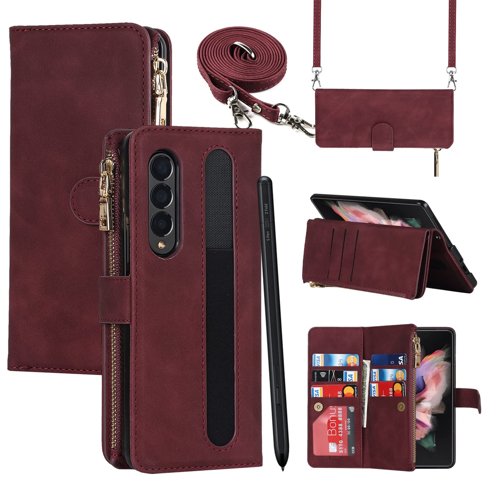 Jaorty Fit Samsung Galaxy Z Fold 3 5G Case Wallet with S Pen Holder for Women,Crossbody Phone Case for Samsung Galaxy Z Fold 3 with Card Holder,