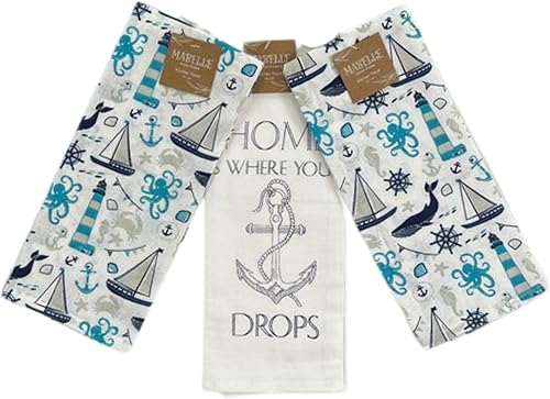 Miniatura 2 de Juego de toallas de cocina de verano diseño de dos faro de vida oceánica, un hogar es donde tu ancla cae juego de 3 (costa)