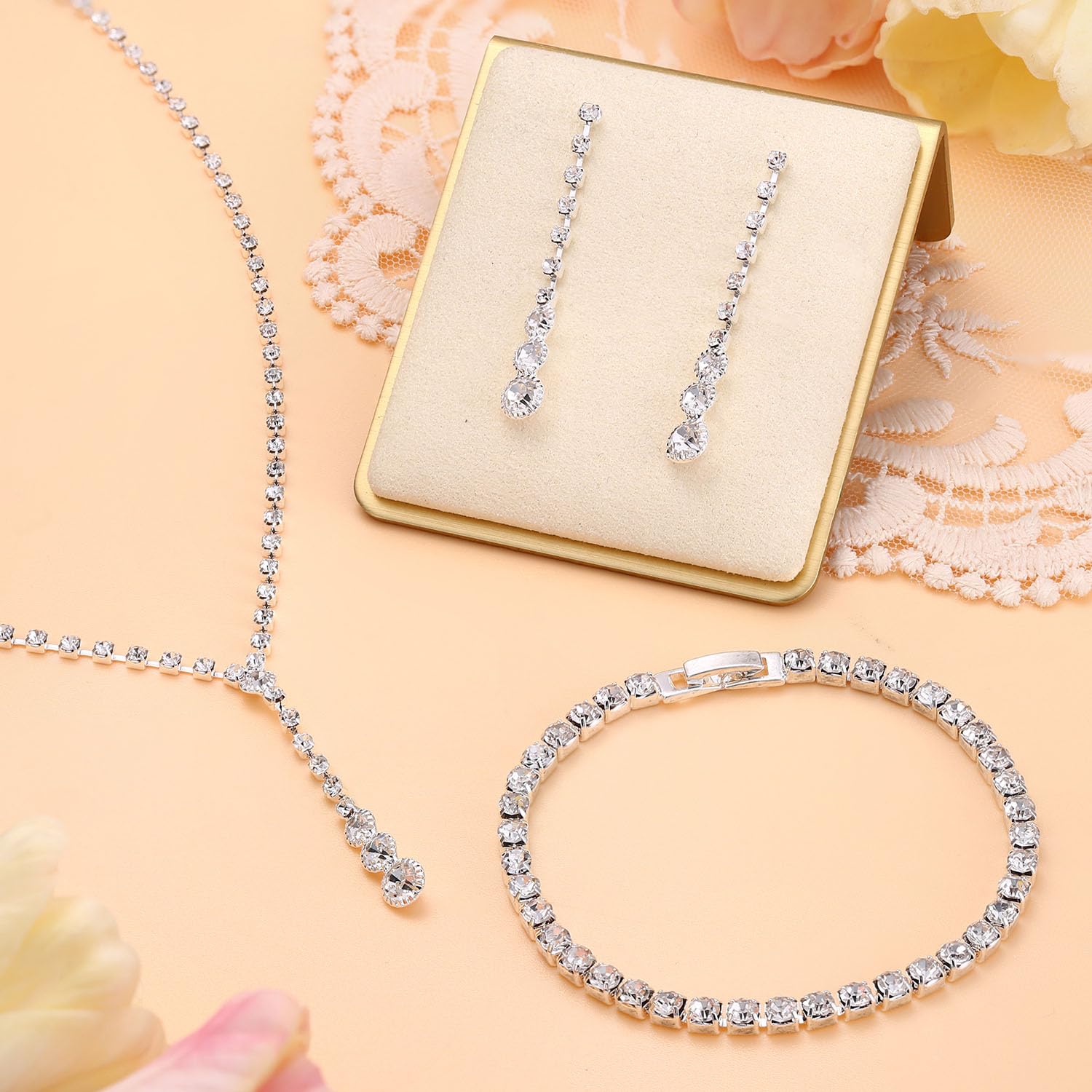 Jstyle Silver Bridal Jewelry Set for Women Rhinestone Necklace Dangle Earrings Bracelet Set Wedding Jewelry Sets for Brides Bridesmaid Crystal Prom Costume Jewelry Accessories for Women