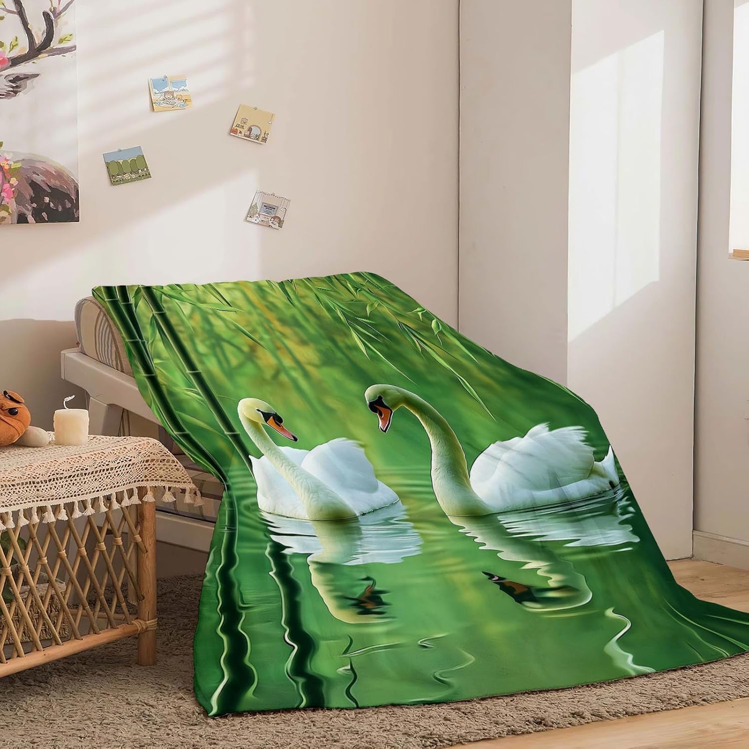 Manta Hojas de Bambú Verdes 200x220 cm Manta Polar de Franela Niño y Niña para Sofa y Cama, Mantas Ligeras, Caliente y Transpirable, Todas Las Estaciones A-2215
